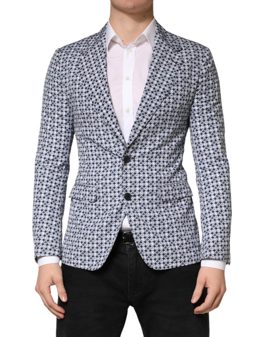 Veste blazer bleu en coton à motif, Dolce & Gabbana, à simple boutonnage, pour homme.