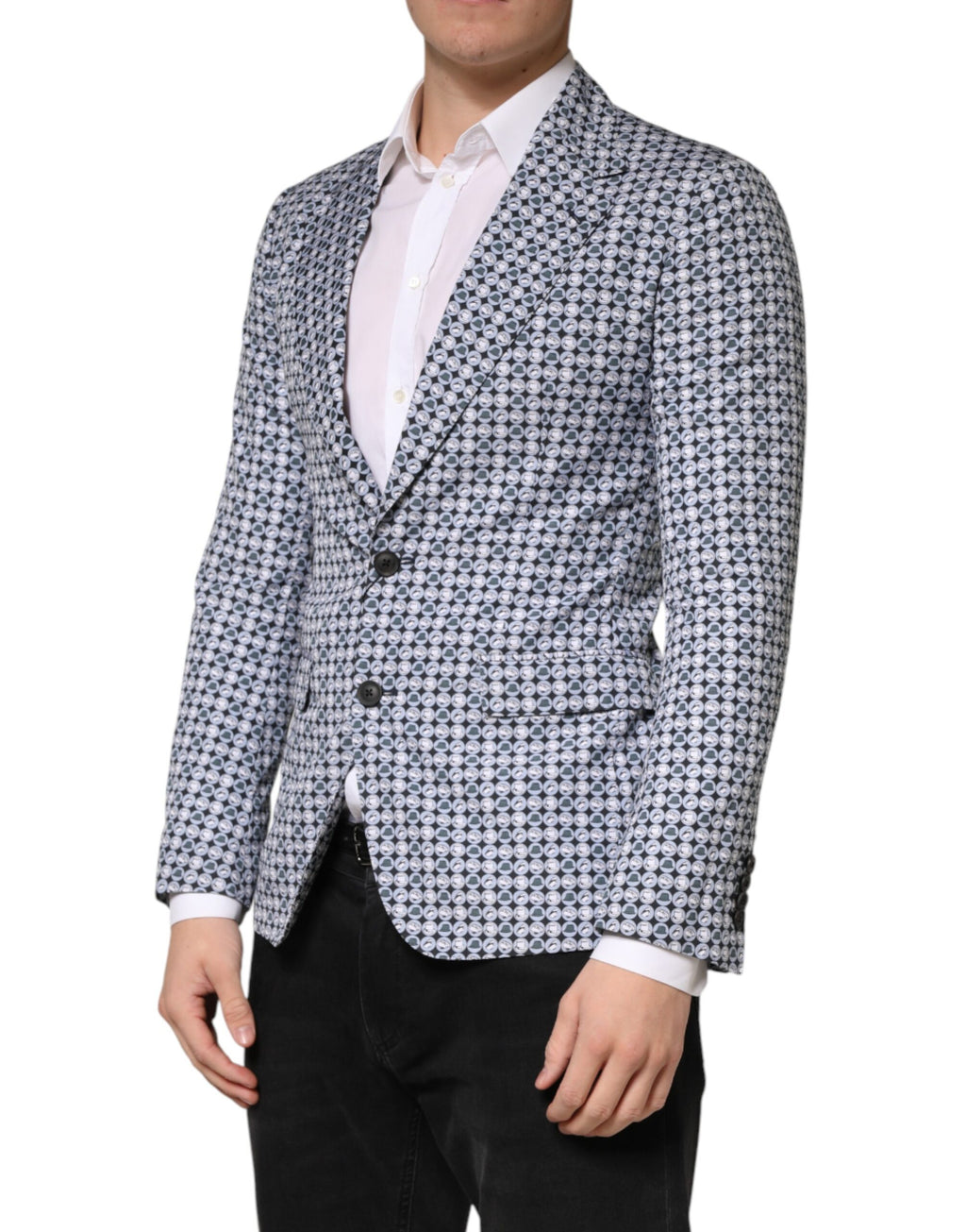Blazer homme Dolce & Gabbana en coton bleu à motif, coupe simple et boutonnage simple, style élégant et moderne.
