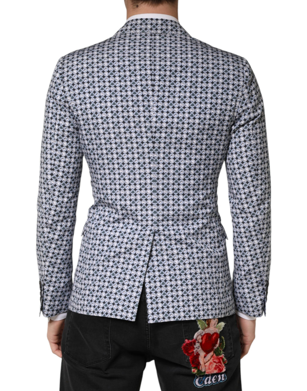 Blazer bleu en coton à motif Dolce & Gabbana, coupe simple boutonnage, élégant et moderne pour homme.