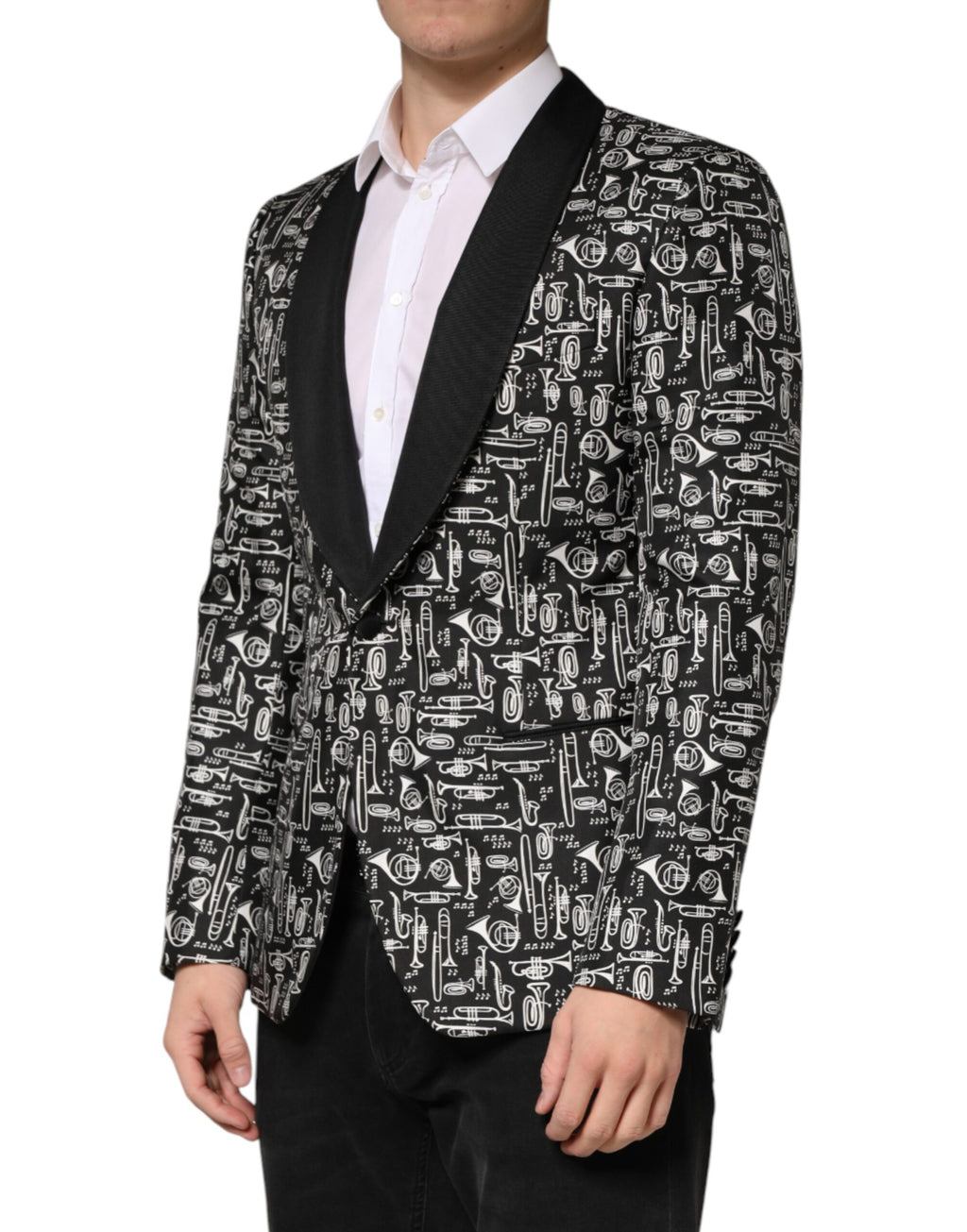 Veste en soie noire Dolce & Gabbana Jazz Club, coupe blazer simple à un bouton, détails élégants et finition raffinée.