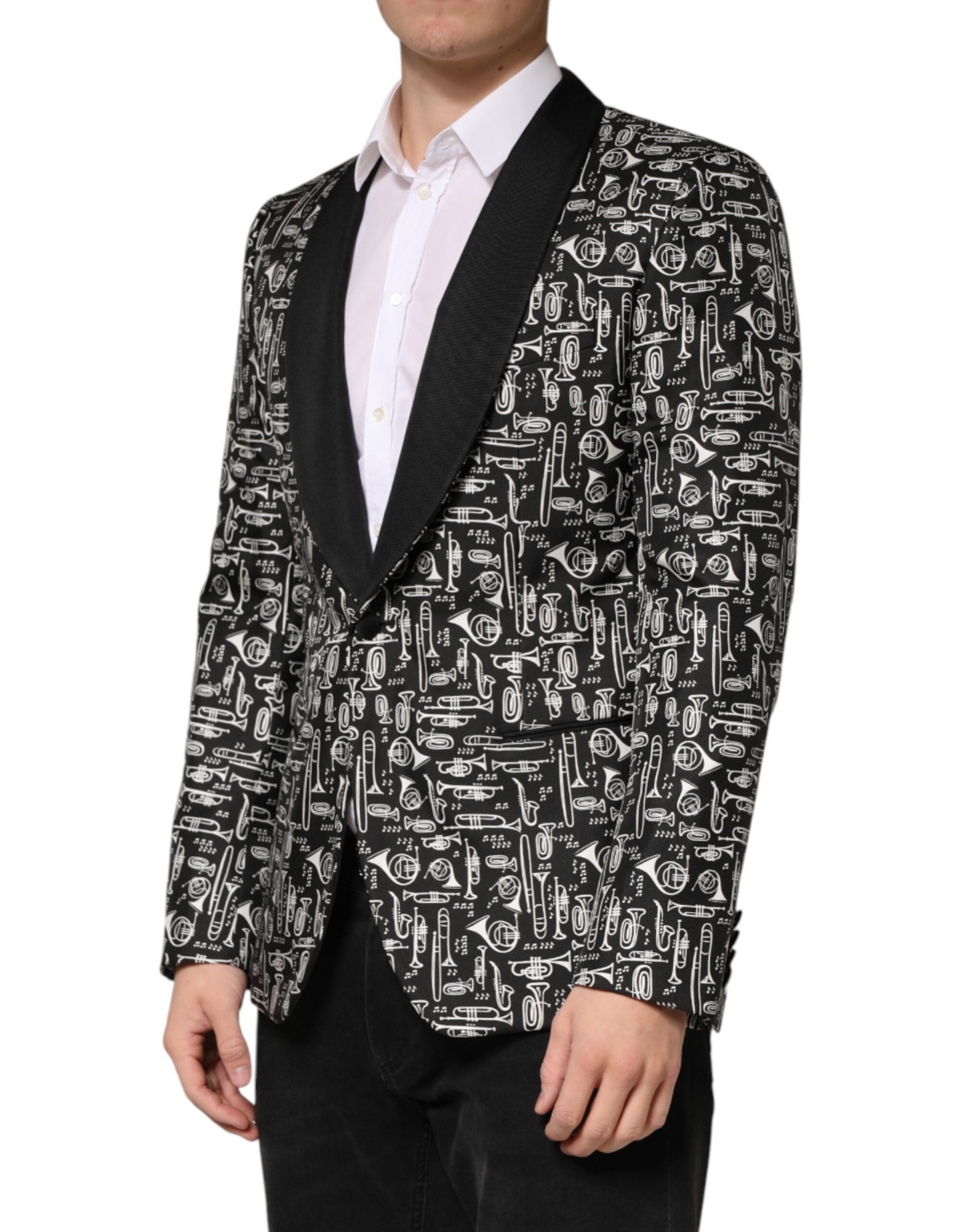 Veste en soie noire Dolce & Gabbana Jazz Club, coupe blazer simple à un bouton, détails élégants et finition raffinée.
