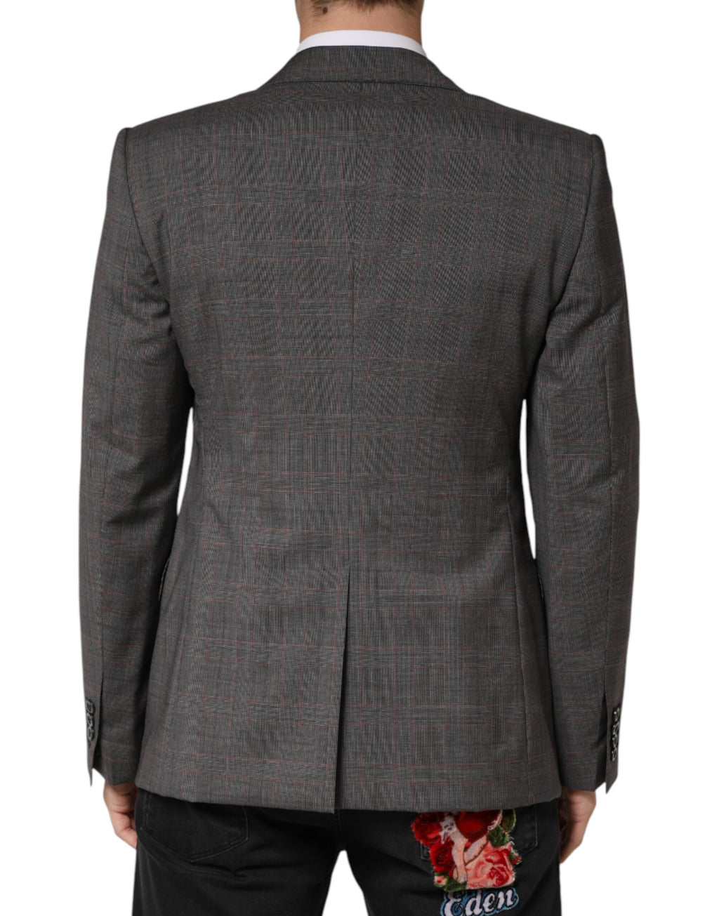 Blazer gris en laine Dolce & Gabbana à deux boutons, coupe classique, porté sur un mannequin.