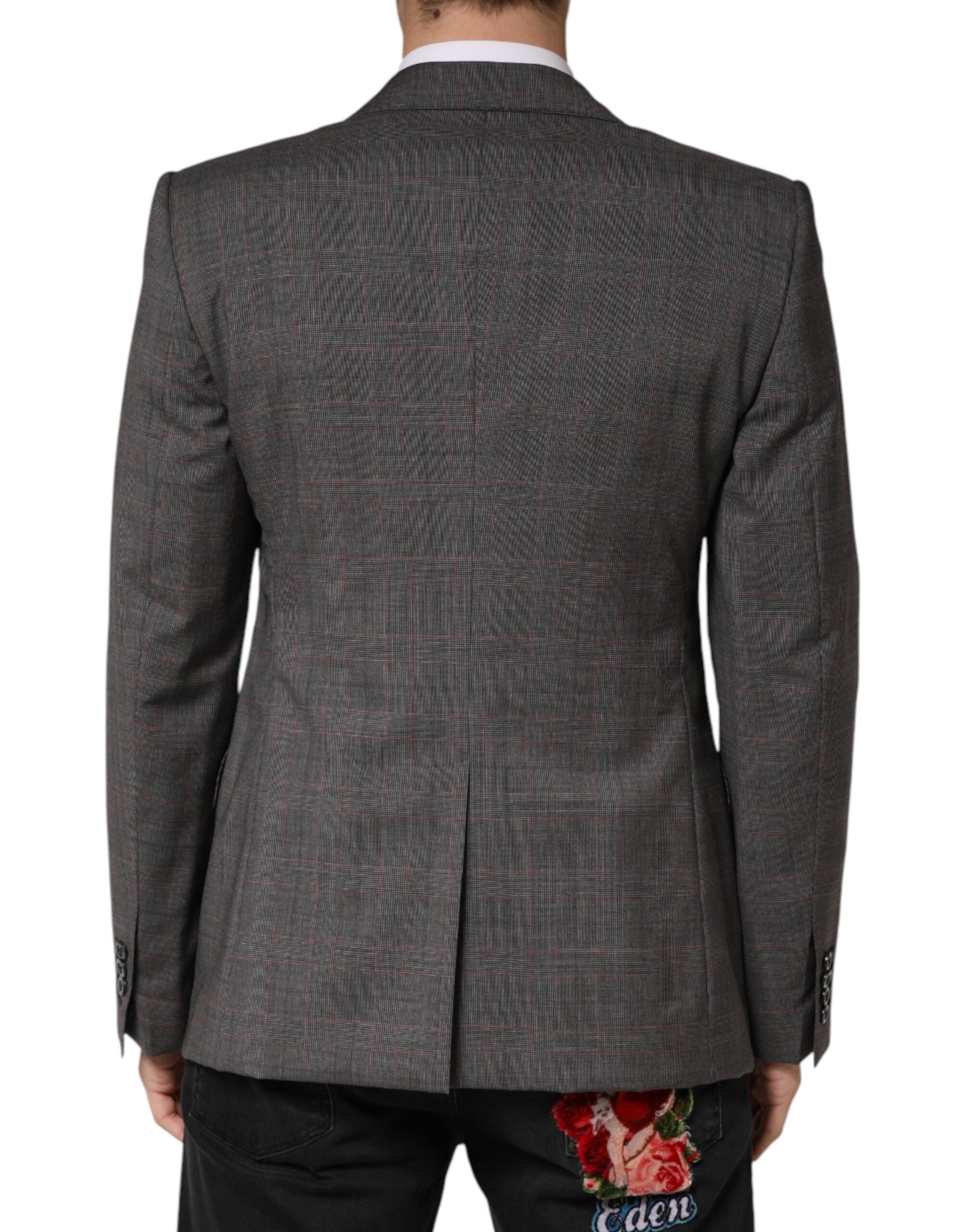 Blazer gris en laine Dolce & Gabbana à deux boutons, coupe classique, porté sur un mannequin.