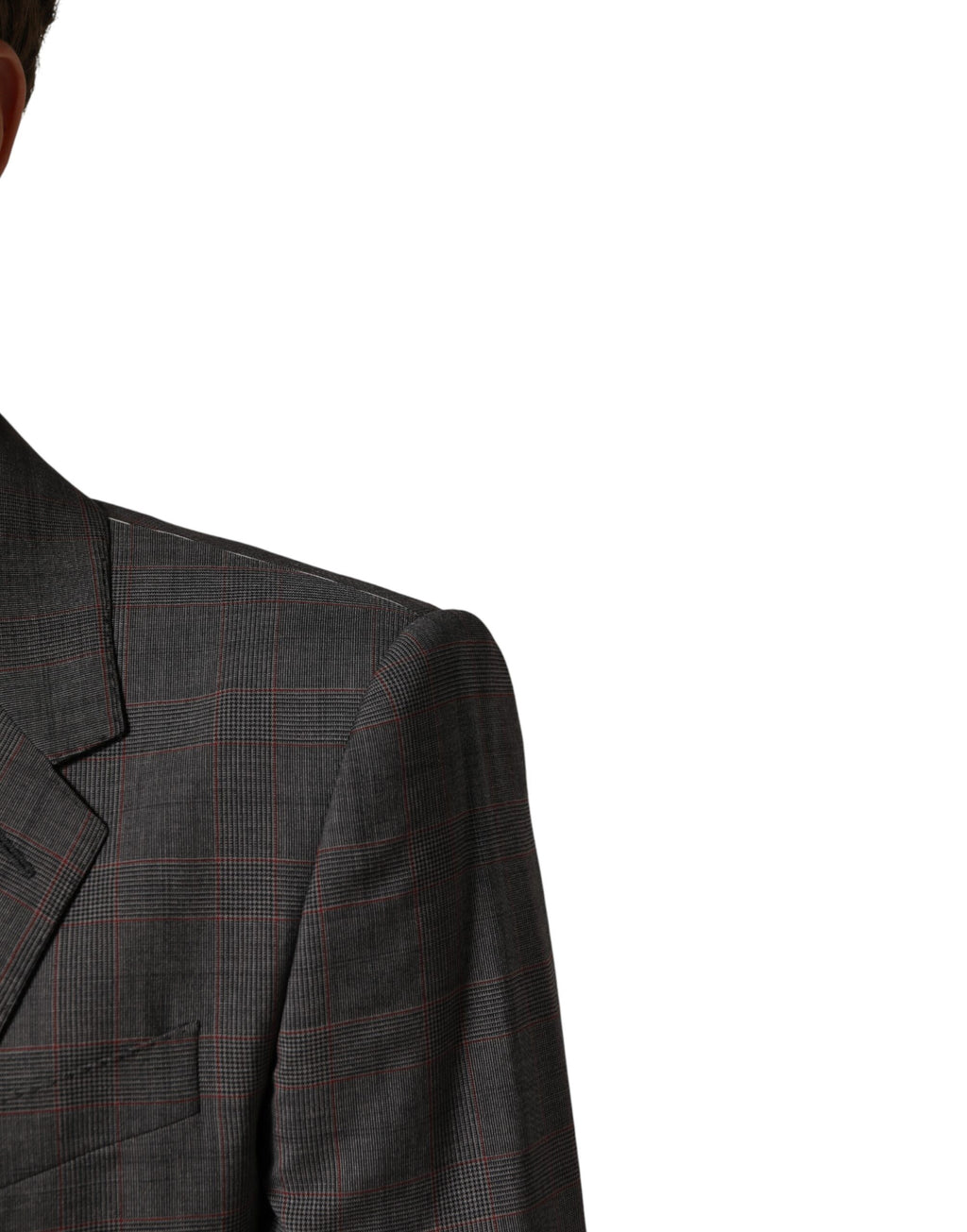 Blazer en laine gris à double boutonnage Dolce & Gabbana, veste masculine élégante, détail des boutons et coupe ajustée visible.