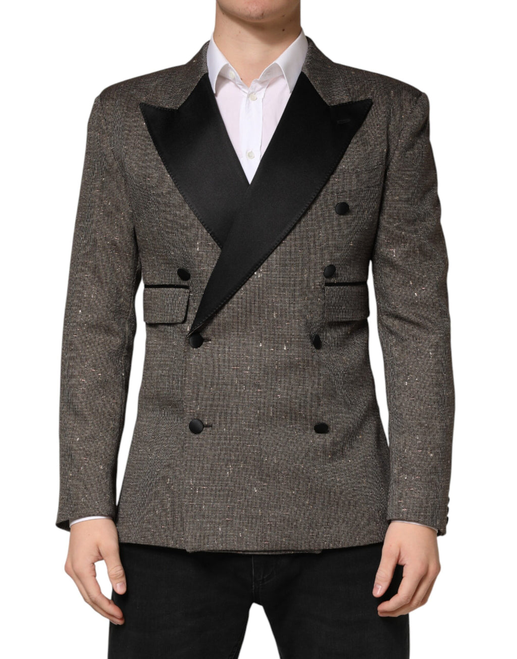 Blazer gris Dolce & Gabbana à double boutonnage, veste élégante en tissu, vue de face sur fond neutre.