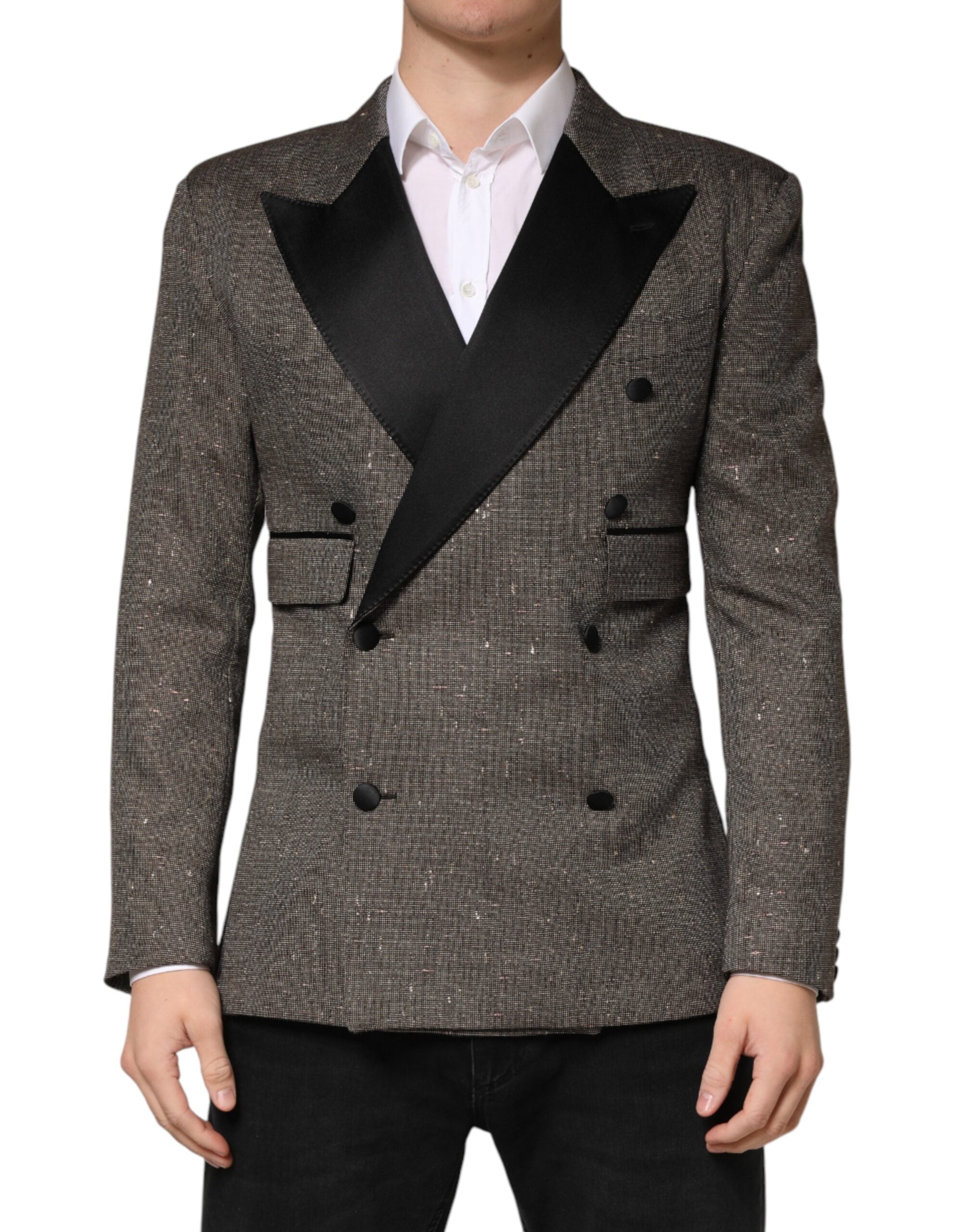 Blazer gris Dolce & Gabbana à double boutonnage, veste élégante en tissu, vue de face sur fond neutre.