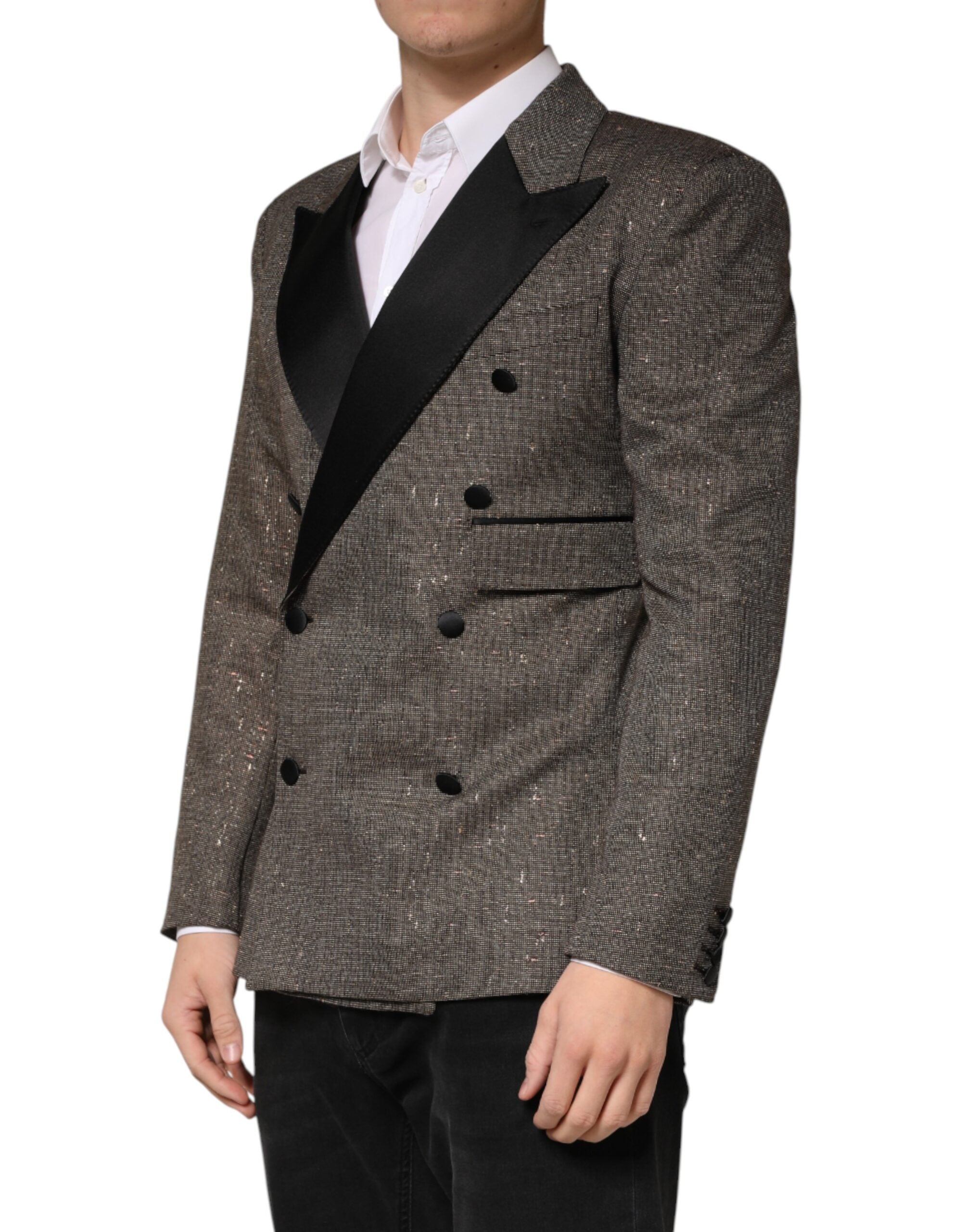 Veste blazer gris à double boutonnage Dolce & Gabbana, coupe élégante et détails raffinés pour un style sophistiqué.