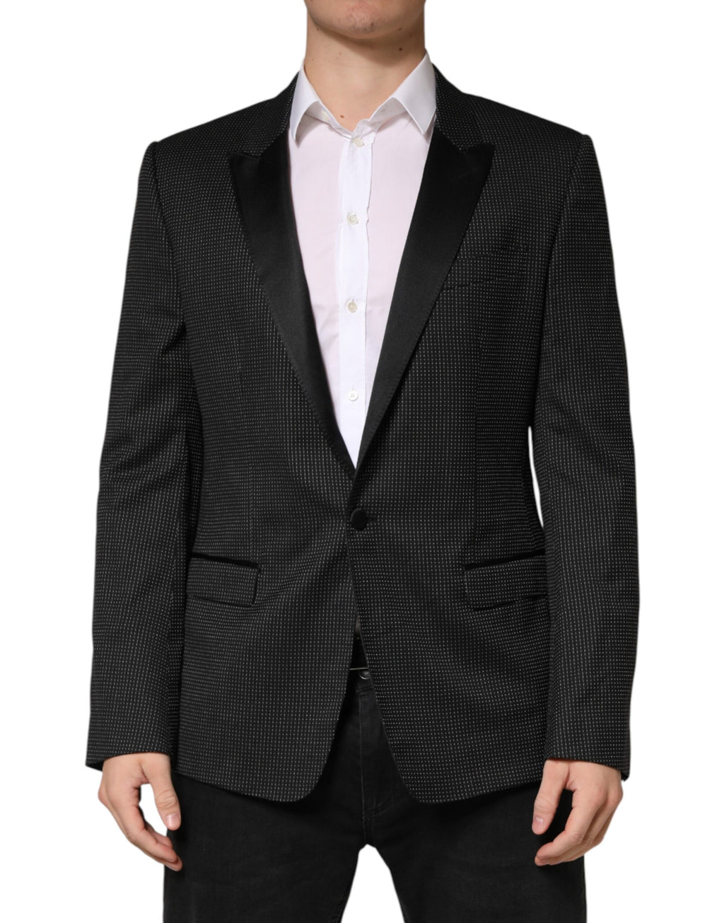 Veste blazer noire Dolce & Gabbana Fantasy à un seul bouton, coupe élégante et tissu chic, vue de face.
