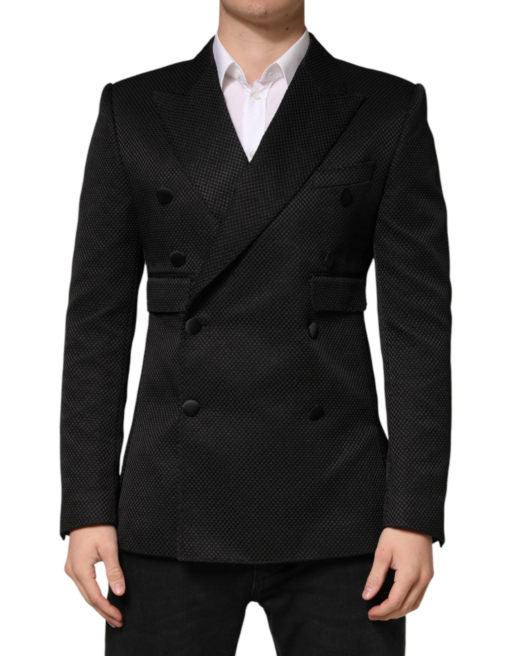 Veste blazer noire en coton Dolce & Gabbana à double boutonnage et col croisé, élégante et classique.