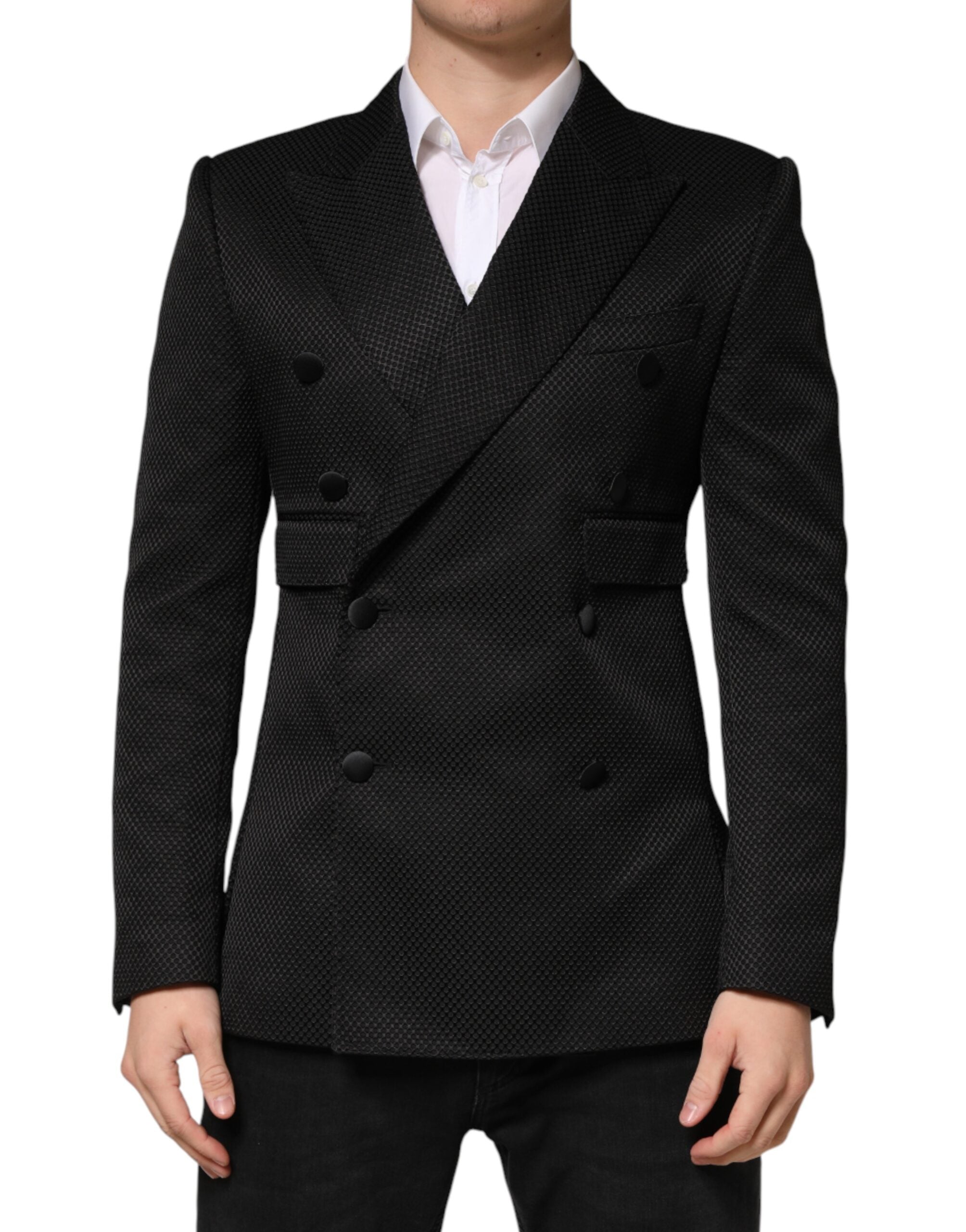 Blazer noir en coton Dolce & Gabbana, double boutonnage avec deux boutons, coupe élégante et classique.
