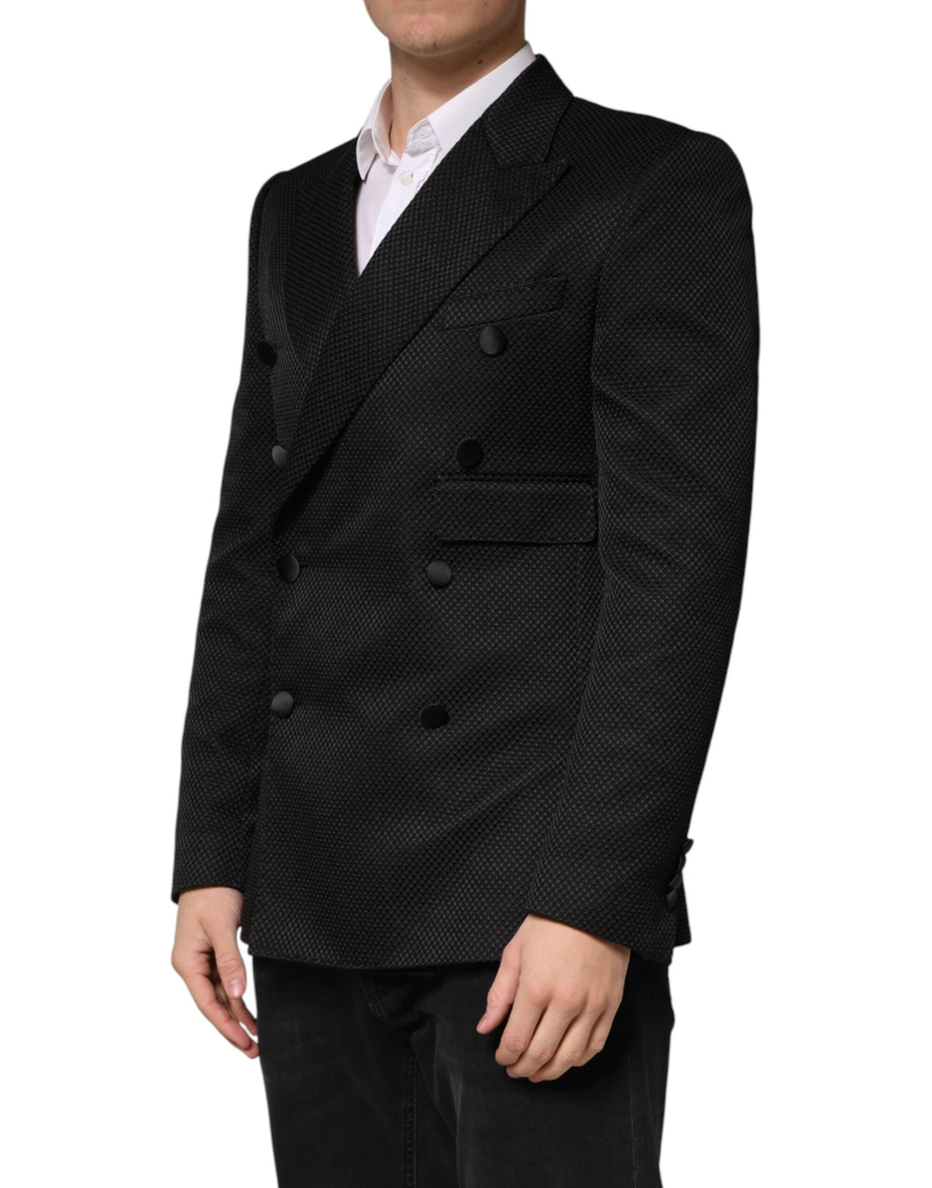 Blazer noir en coton Dolce & Gabbana à double boutonnage, veste élégante avec boutons doubles pour homme.