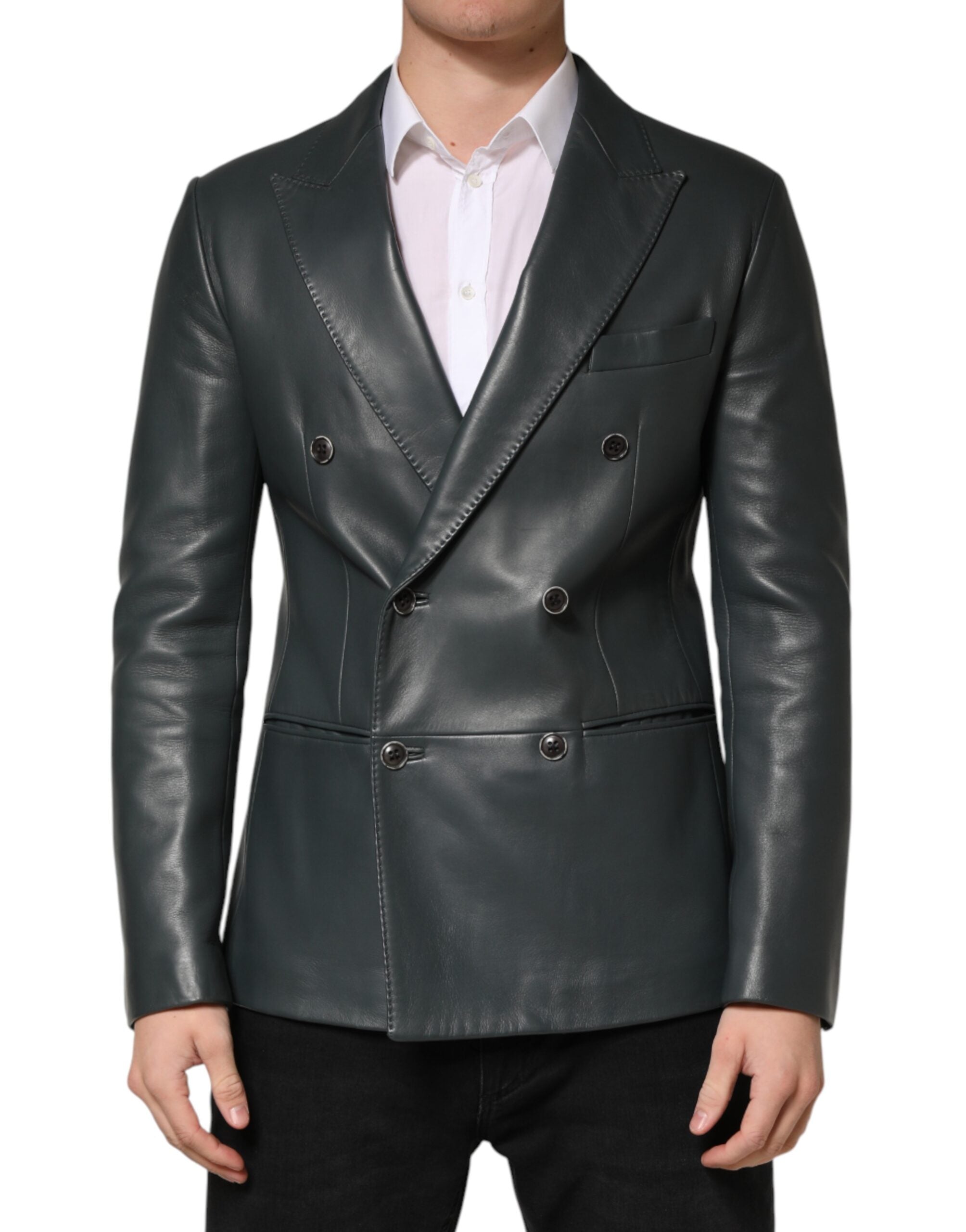 Veste blazer en cuir noir Dolce & Gabbana à double boutonnage, style élégant avec boutons dorés et coupe ajustée.