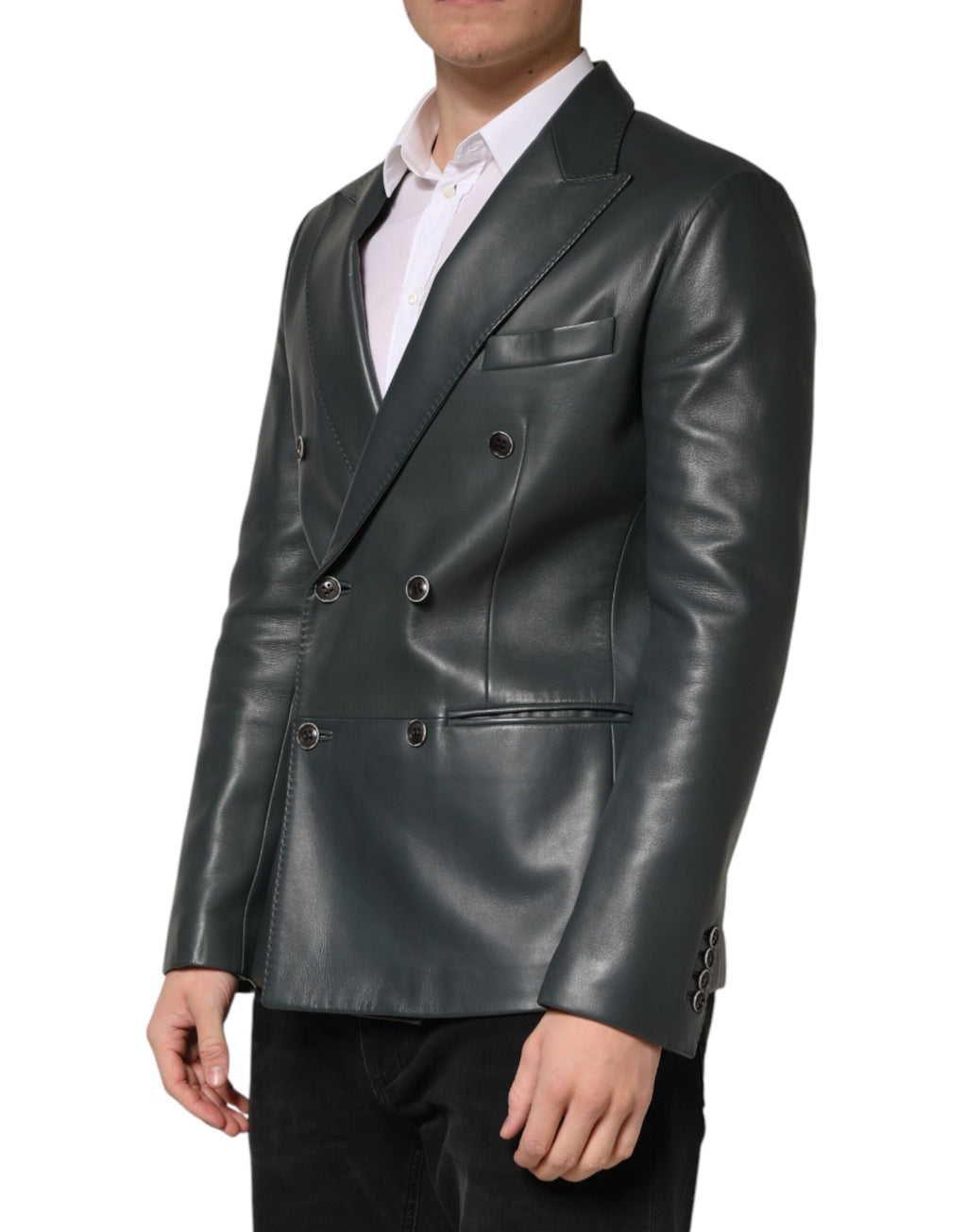 Blazer noir en cuir Dolce & Gabbana à double boutonnage, style élégant avec boutons sur le devant et col classique.