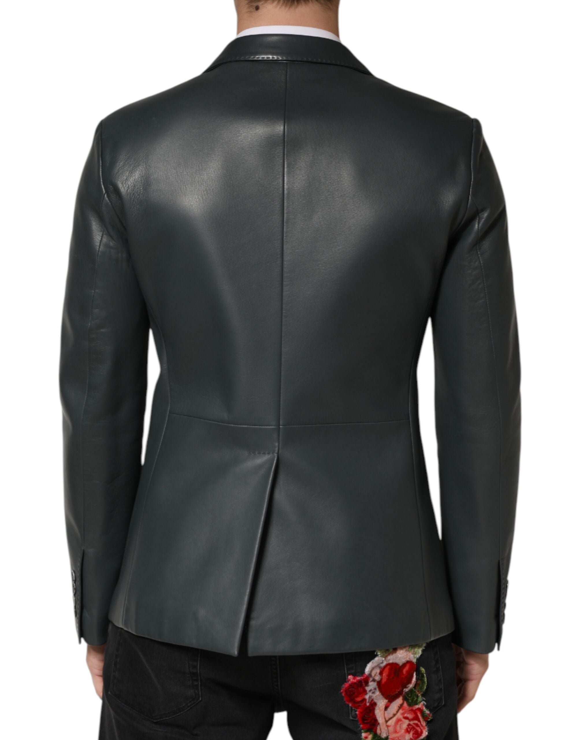 Veste blazer noire en cuir double boutonnage Dolce & Gabbana, élégante et sophistiquée, vue de face sur un mannequin.