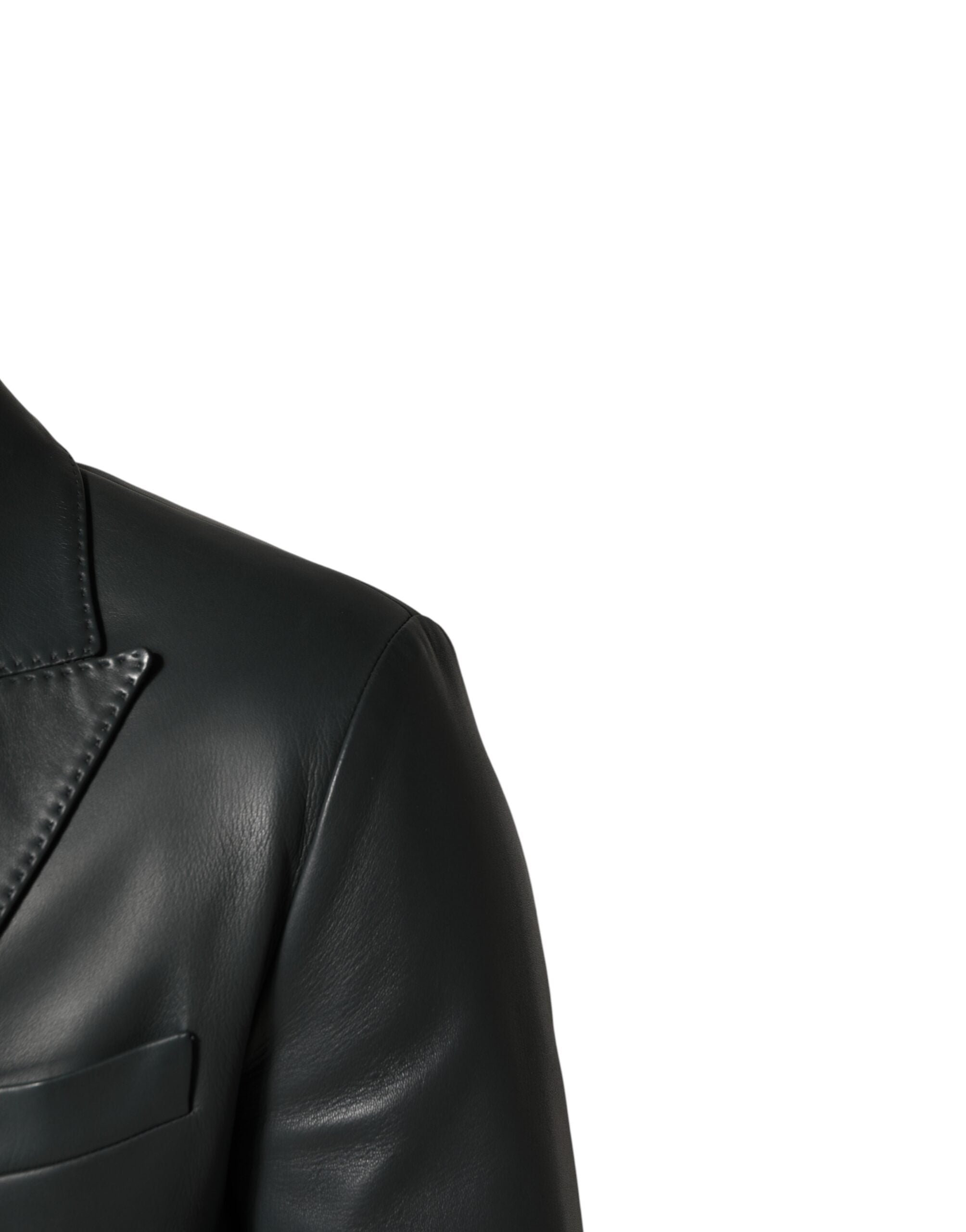 Veste blazer noire en cuir double boutonnage Dolce & Gabbana, style élégant et sophistiqué, visible en image.