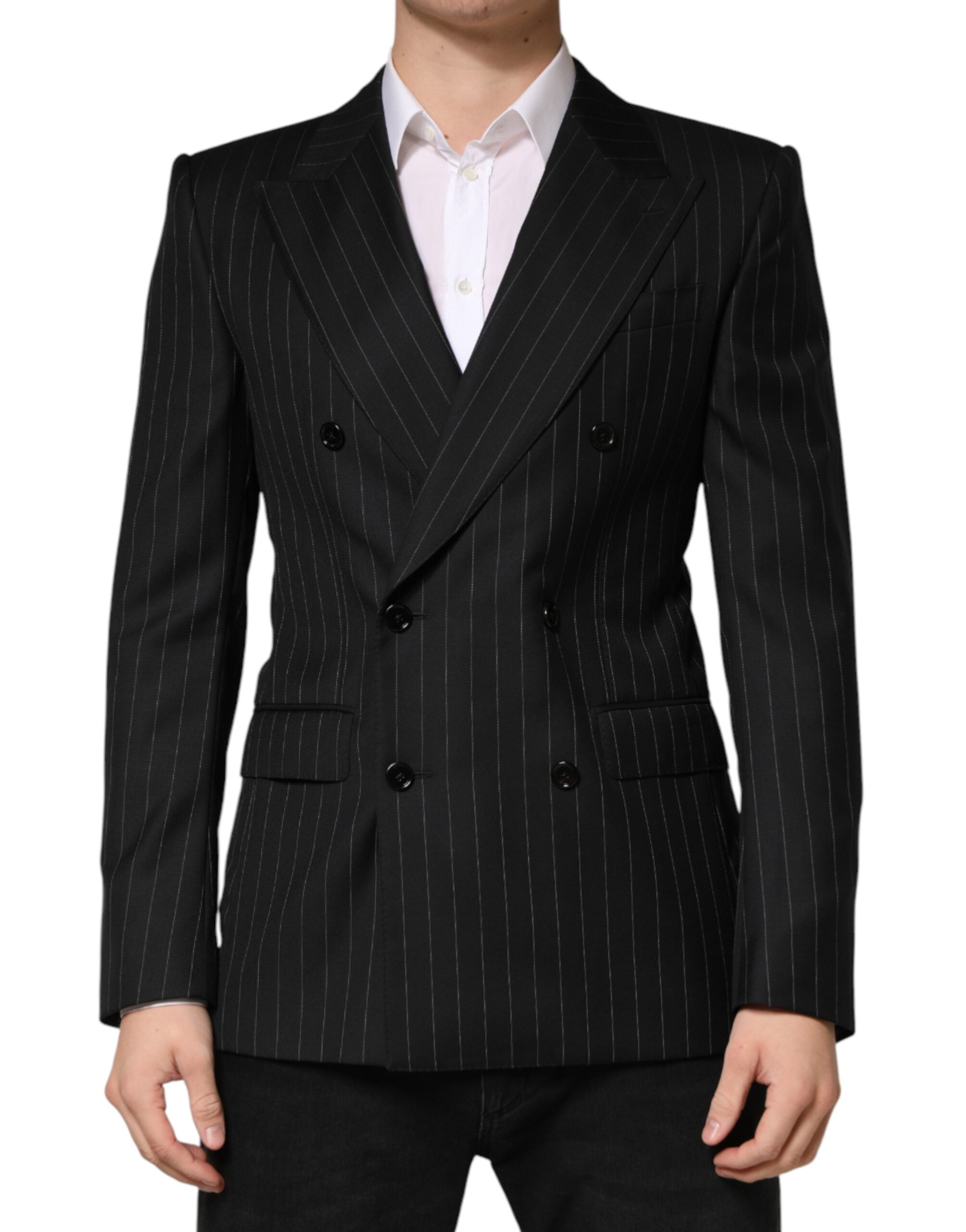 Blazer noir à rayures Dolce & Gabbana à double boutonnage et deux boutons, style élégant et sophistiqué.