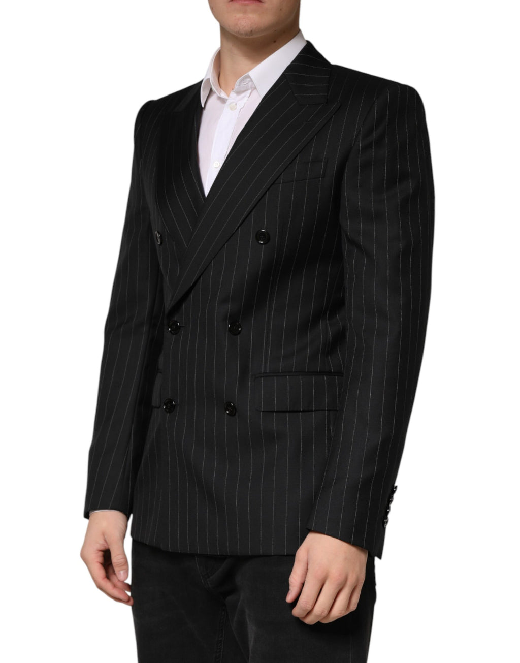 Veste blazer noire à rayures Dolce & Gabbana à double boutonnage et deux boutons, style élégant pour homme.