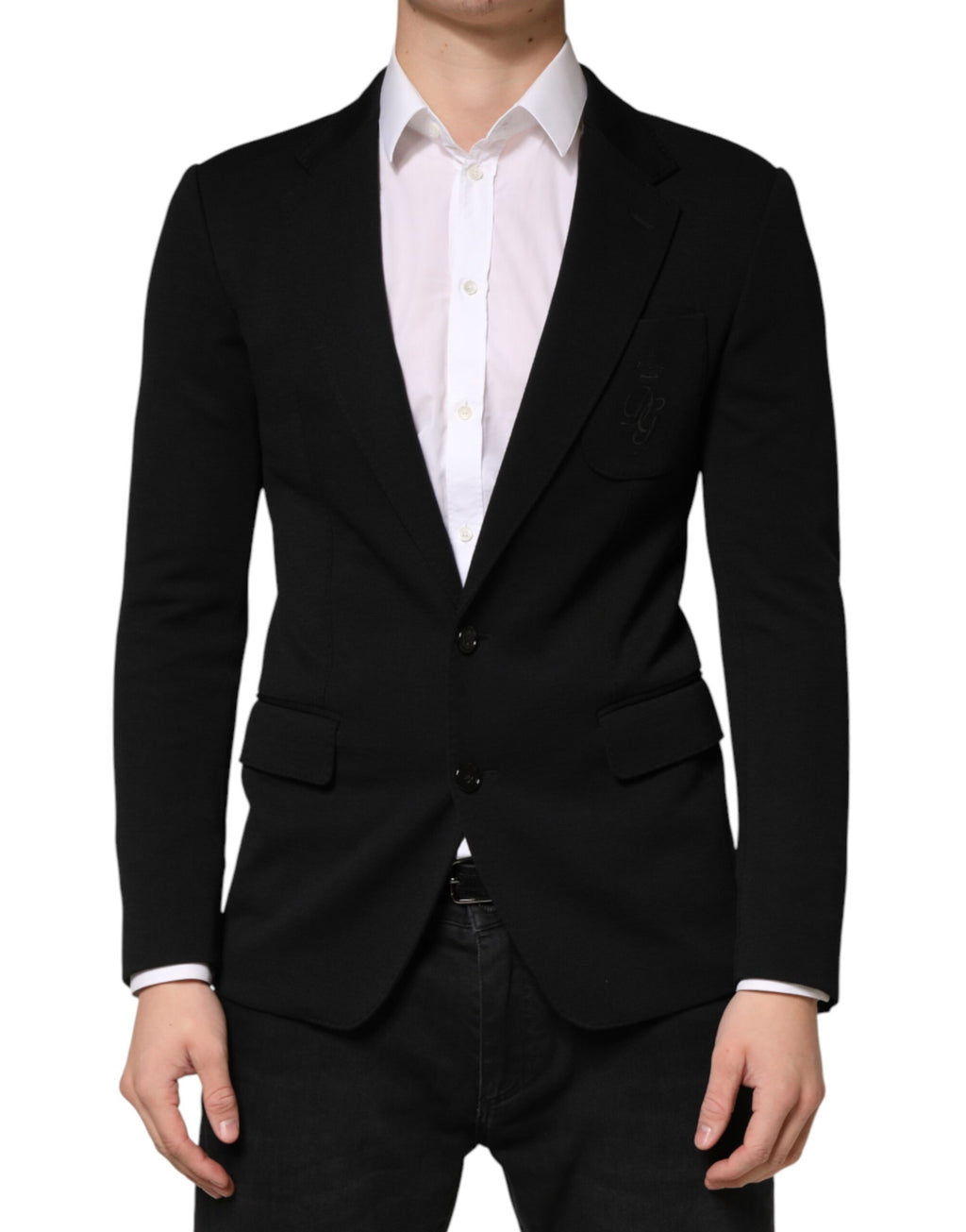 Veste blazer en laine noire Dolce & Gabbana à deux boutons, coupe classique et élégante, vue de face sur mannequin.