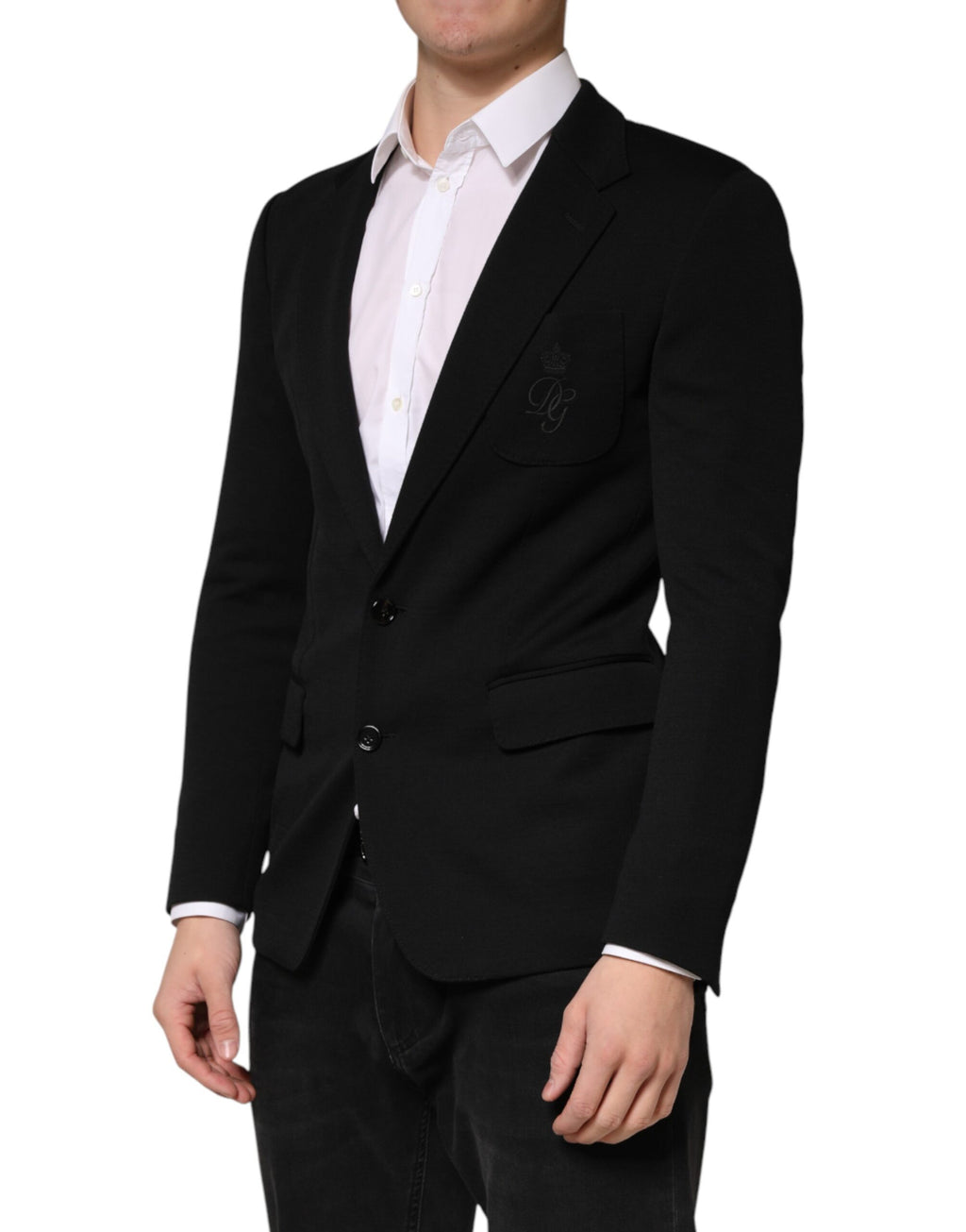 Blazer en laine noire Dolce & Gabbana, à deux boutons, coupe classique, porté sur mannequin.
