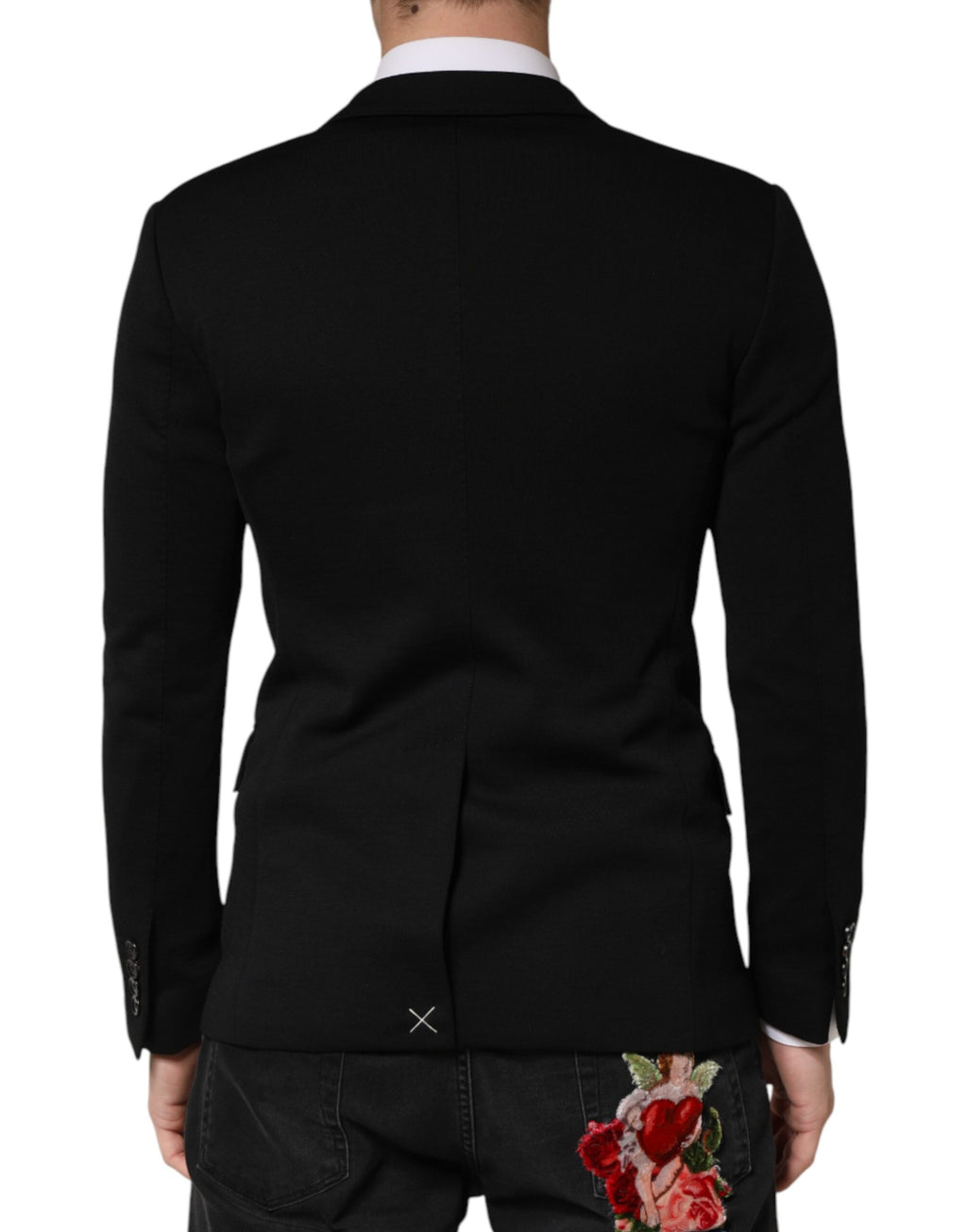 Veste blazer noire en laine à deux boutons de Dolce & Gabbana, coupe classique et élégante, vue de face.