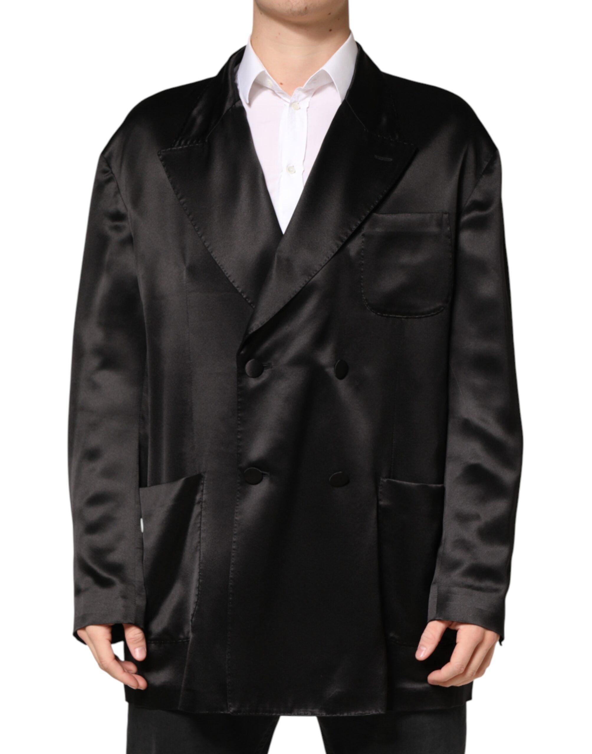 Veste blazer noire en soie Dolce & Gabbana à double boutonnage, style élégant et sophistiqué, vue de face sur un fond neutre