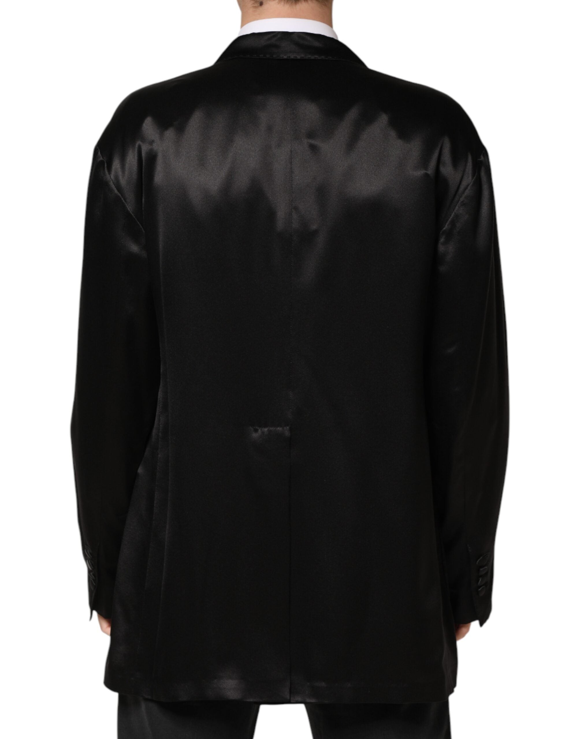 Veste blazer noire en soie Dolce & Gabbana à double boutonnage et style élégant, vue de face.