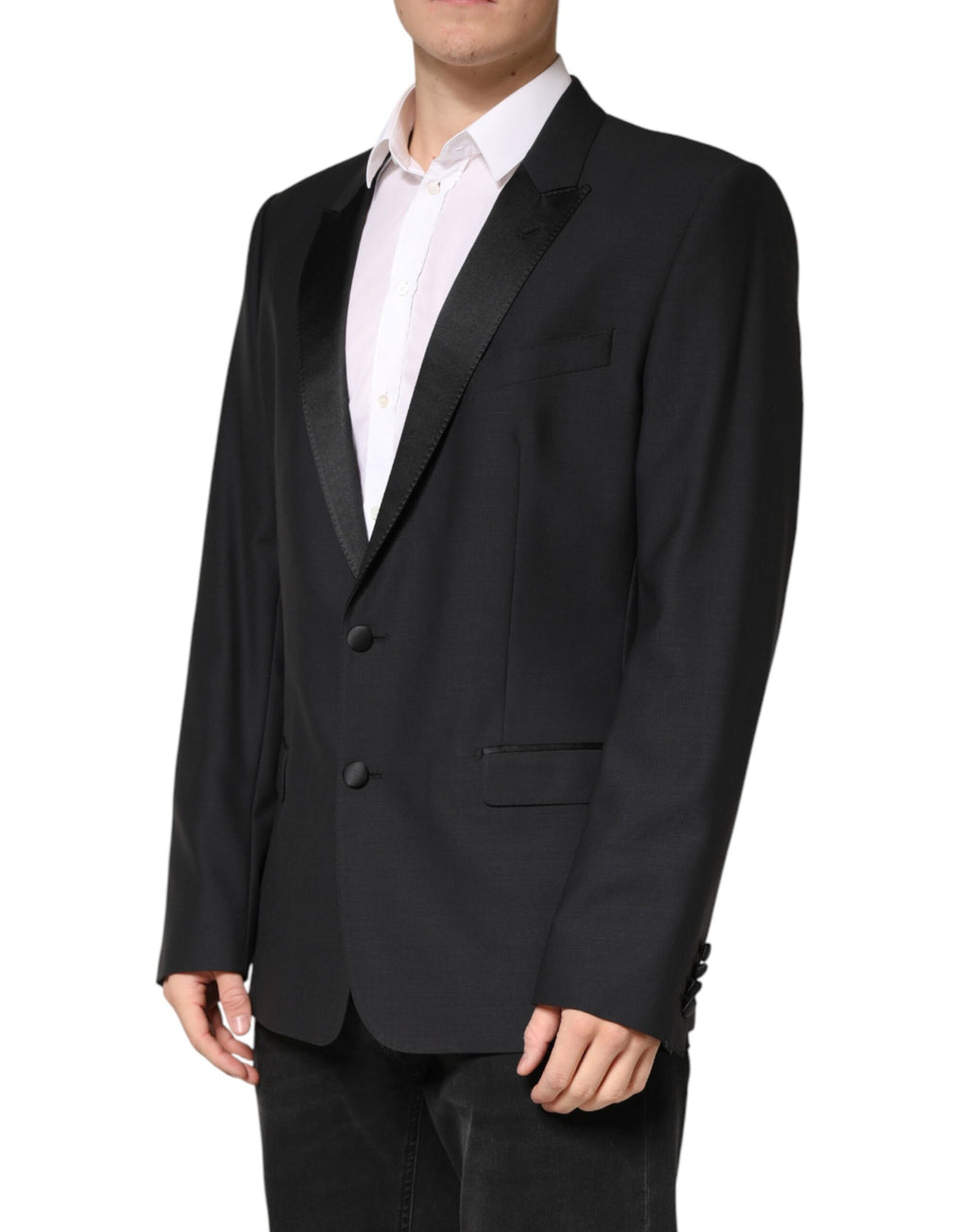 Blazer noir Dolce & Gabbana Martini à boutonnière simple, veste élégante en tissu sophistiqué, vue de face.