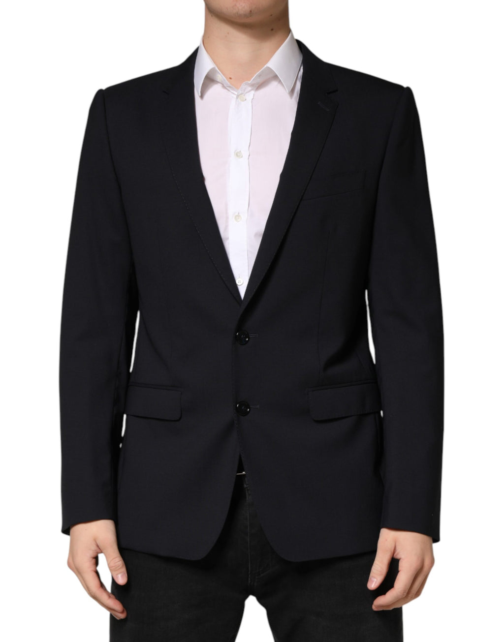 Veste blazer noire en laine Dolce & Gabbana à double boutonnage simple, élégante et structurée, vue de face.