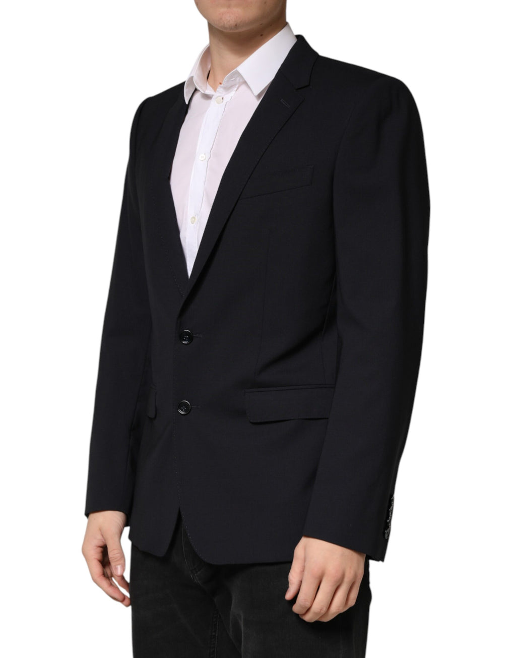 Blazer noir en laine Dolce & Gabbana, à boutonnière simple à deux boutons, porté sur un mannequin.