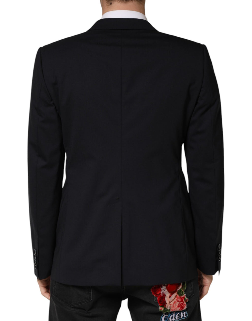 Veste blazer en laine noire à deux boutons Dolce & Gabbana, coupe classique à col revers et poches latérales.