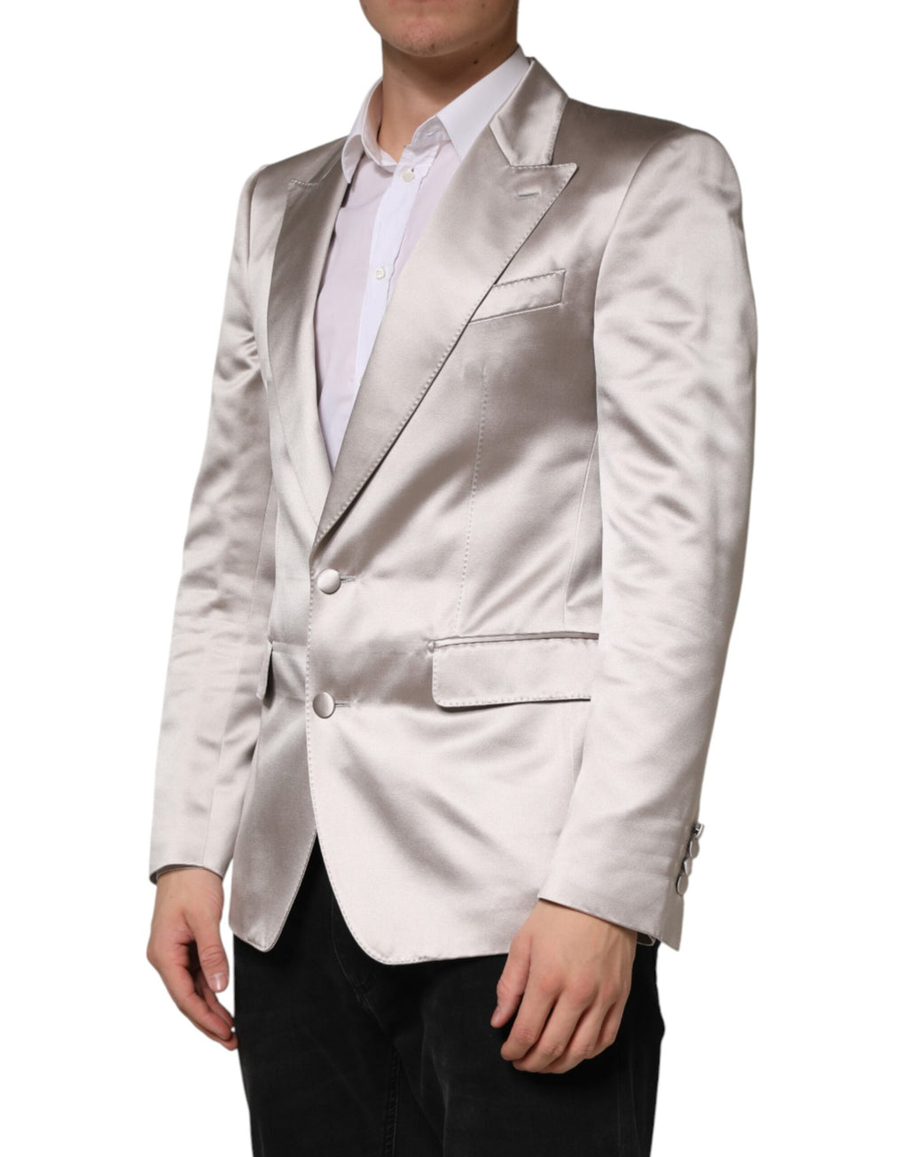 Veste blazer en argent Dolce & Gabbana Sicilia, coupe simple et élégante, détail de boutonnière, vue de face.