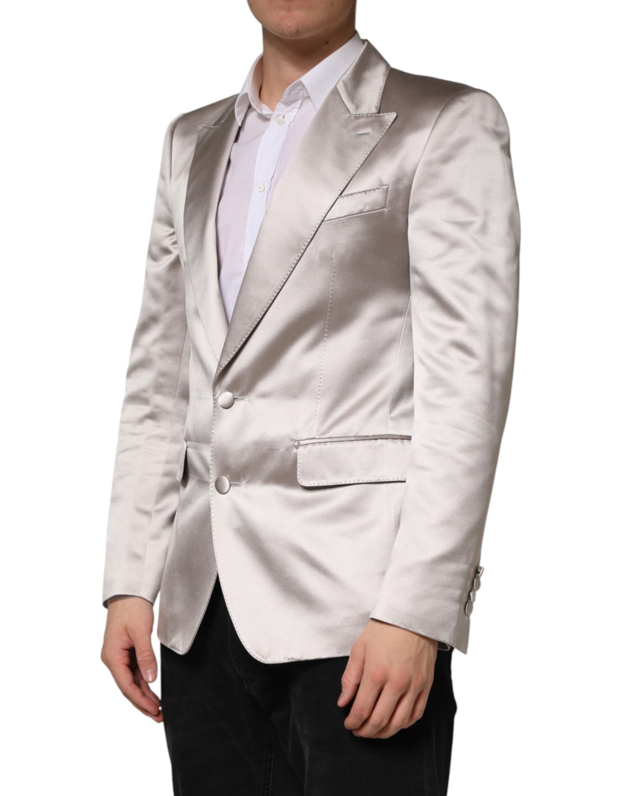 Veste blazer en argent Dolce & Gabbana Sicilia, coupe simple et élégante, détail de boutonnière, vue de face.