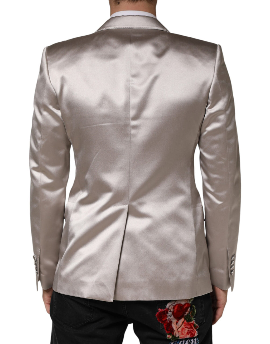 Veste blazer en argent Dolce & Gabbana Sicilia à un bouton, coupe classique et élégante, visible en détail.