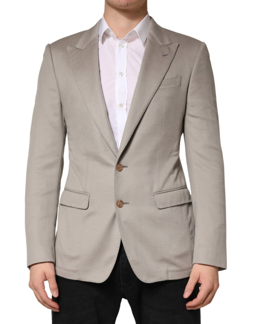Veste blazer en cachemire gris Dolce & Gabbana à un seul bouton, élégante et sophistiquée, affichée sur un mannequin.