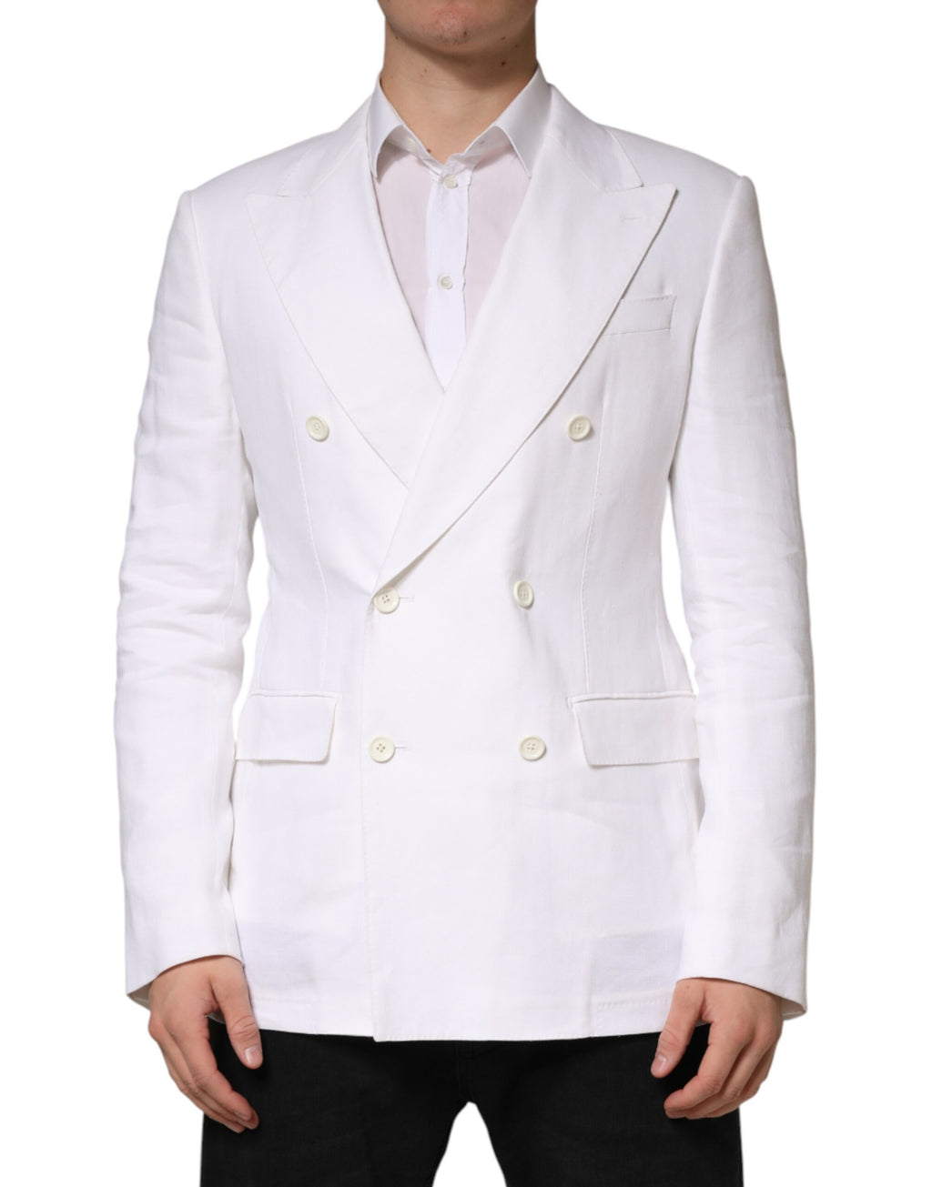 Veste blazer blanche en lin à double boutonnage Dolce & Gabbana, élégante et sophistiquée, vue de face sur fond neutre.