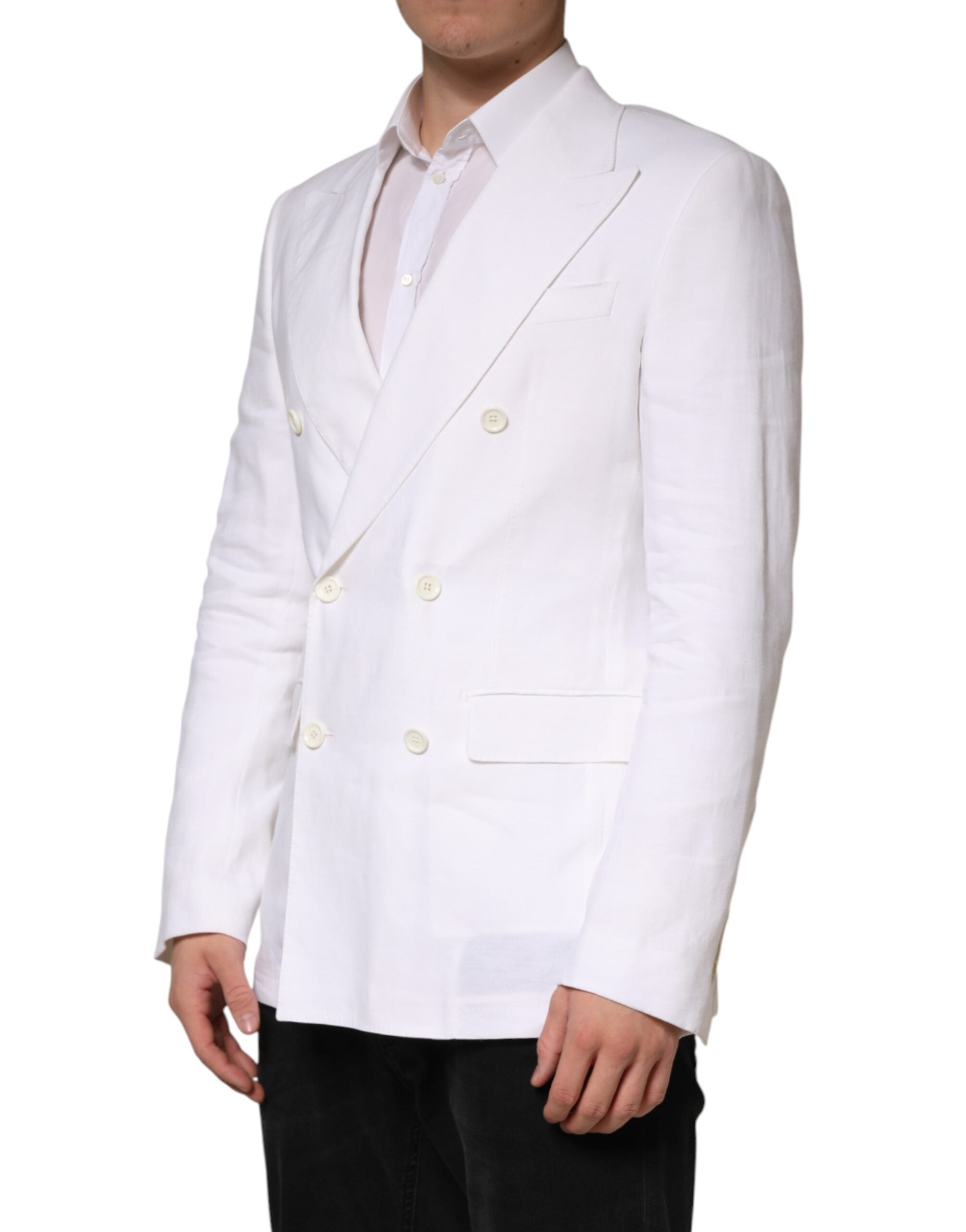 Veste blazer blanche en lin à double boutonnage Dolce & Gabbana, élégante et sophistiquée, vue de face.