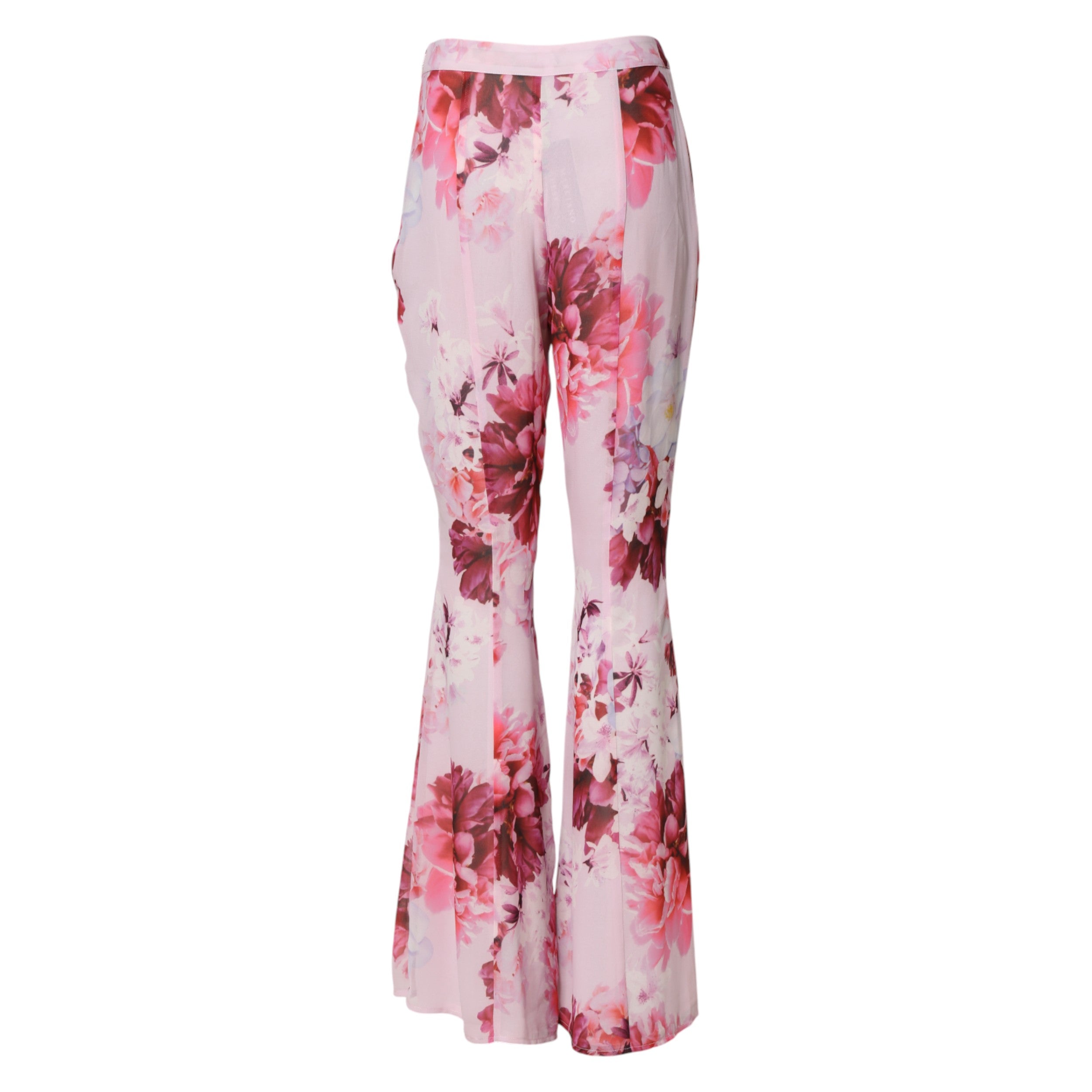 Pantalon flare rose à taille haute Guess by Marciano avec motif floral, style élégant et tendance pour femmes.