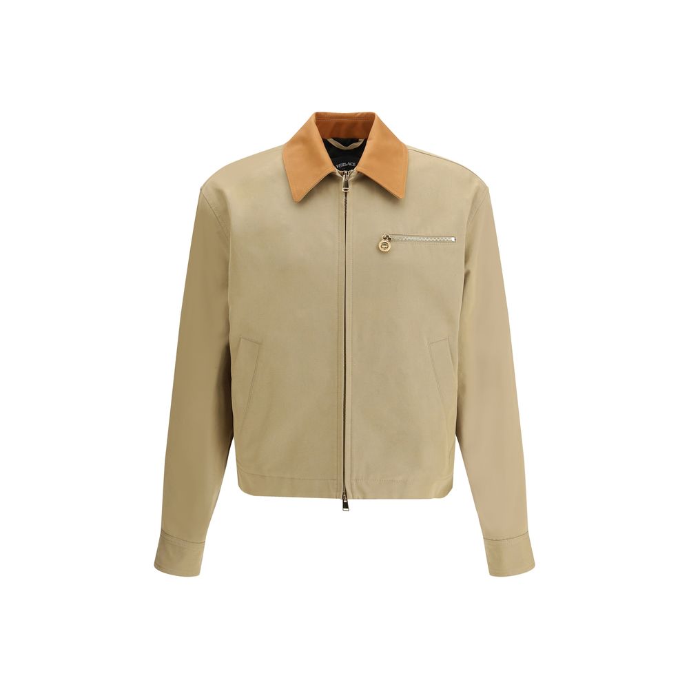 Veste longue beige en coton de la marque Versace, vue de face, avec détails élégants et logo discret.