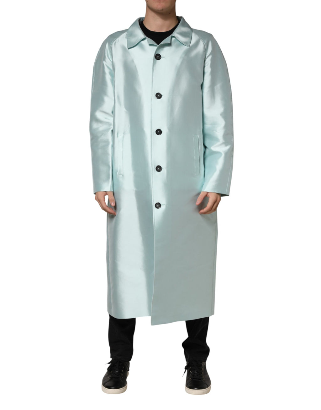 Imperméable longue en satin vert teal avec col, signé Dolce & Gabbana, pour un look élégant et sophistiqué.