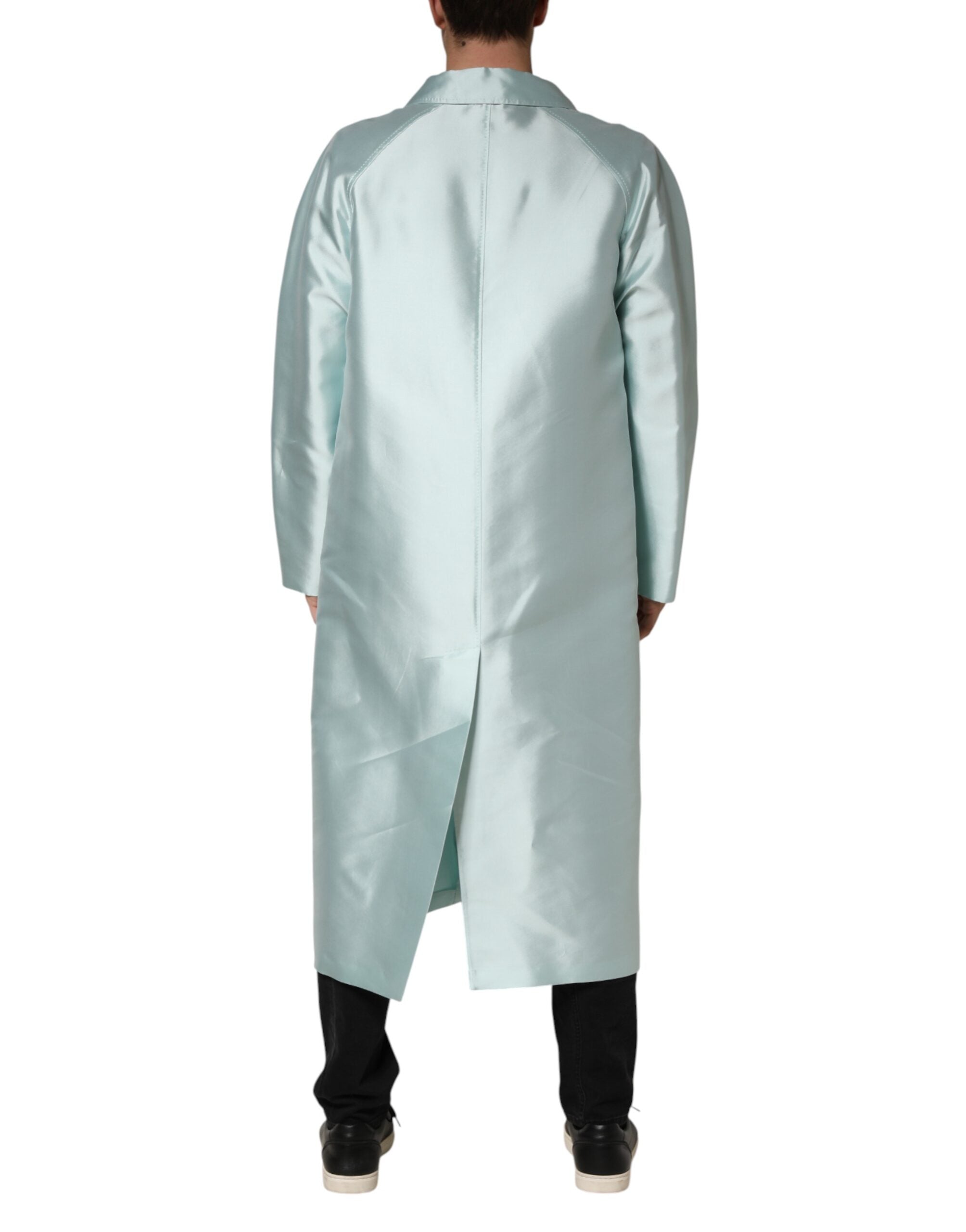Manteau long en satin teal avec col en dentelle Dolce & Gabbana, veste élégante et sophistiquée pour femme.