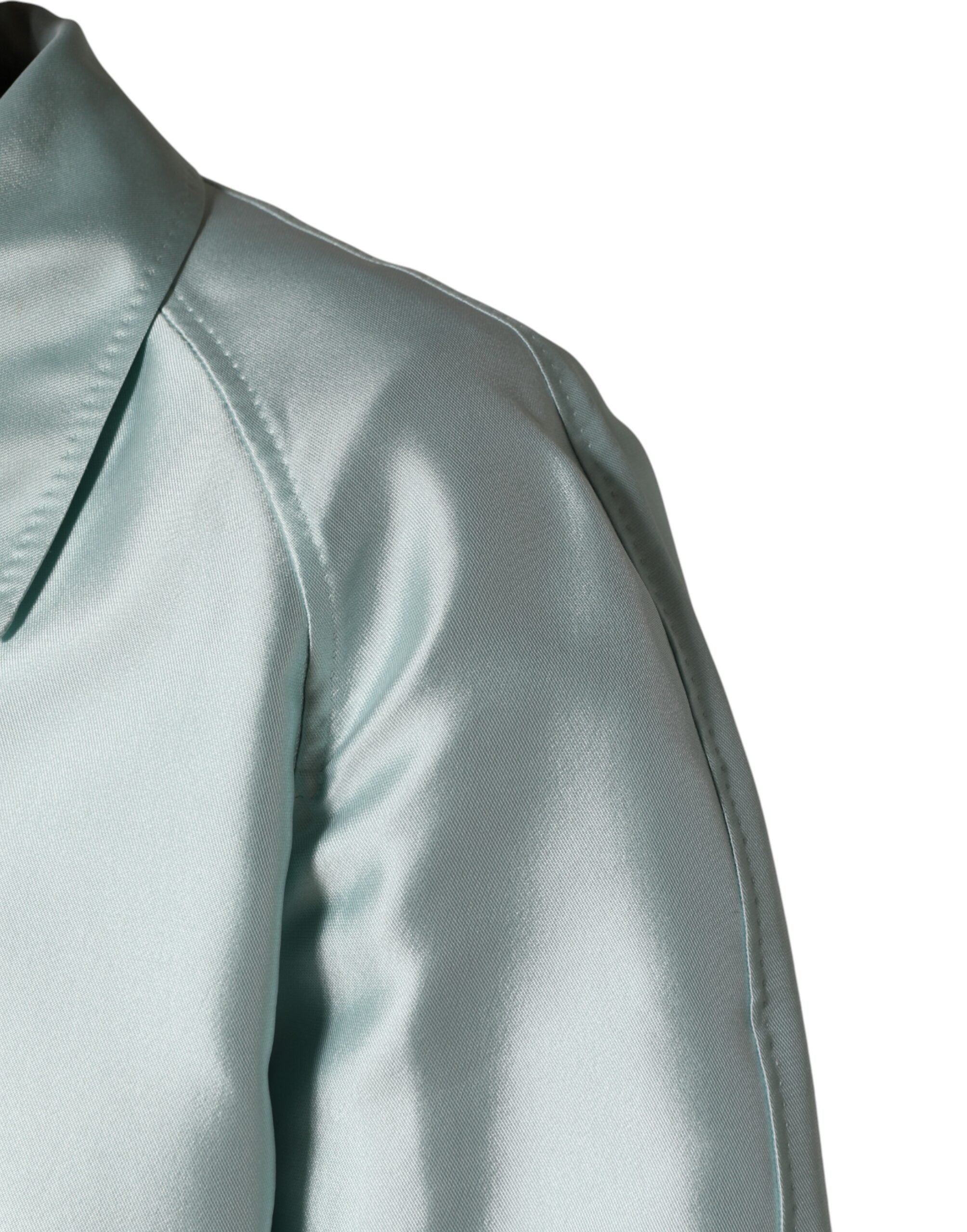 Manteau long en satin teal avec col pour femme de Dolce & Gabbana, veste élégante et sophistiquée.