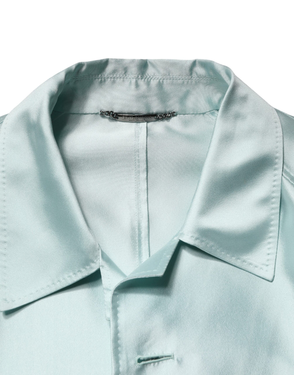 Manteau long en satin teal avec col à la mode, trench coat Dolce & Gabbana, veste élégante pour femmes.