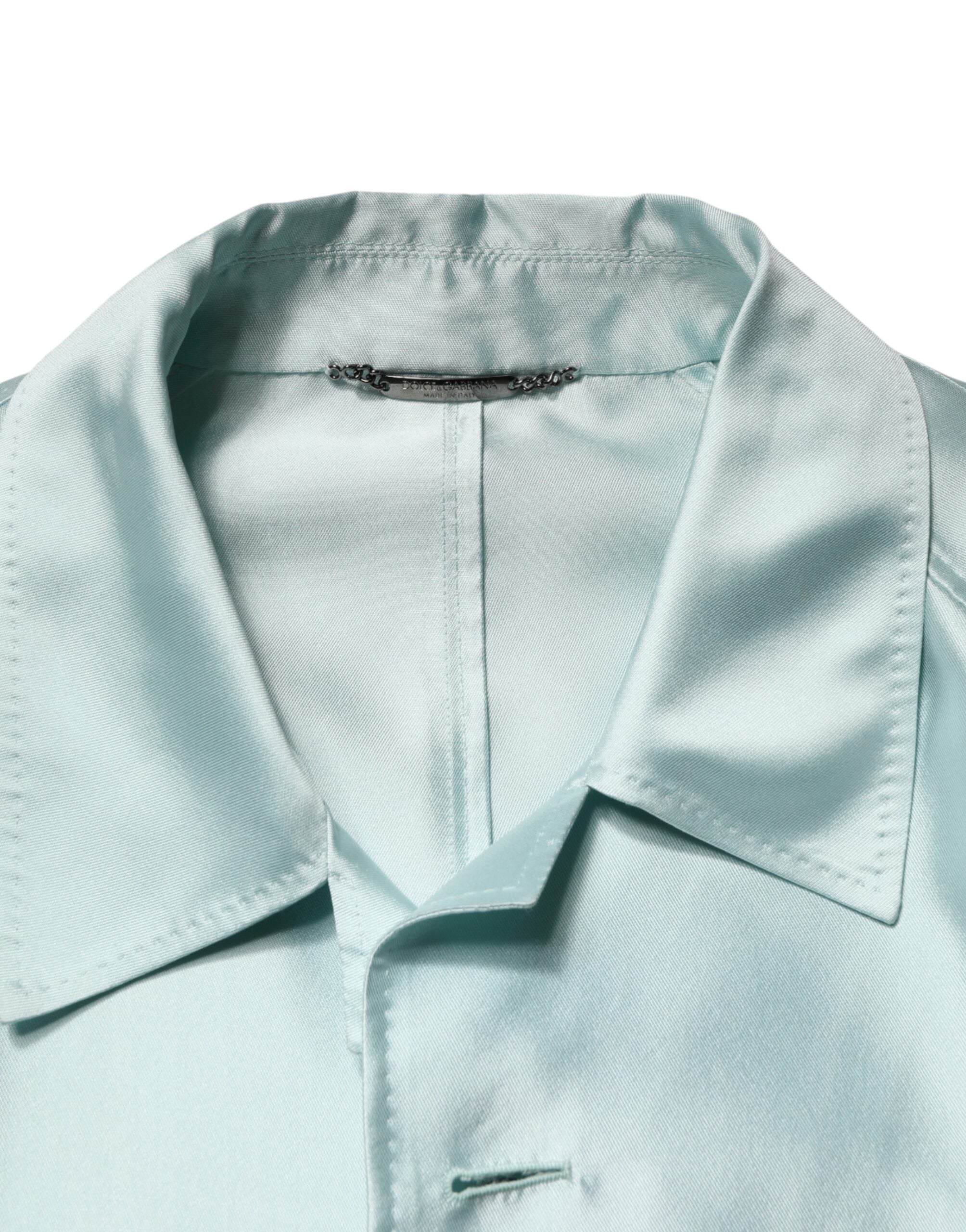 Manteau long en satin teal avec col à la mode, trench coat Dolce & Gabbana, veste élégante pour femmes.