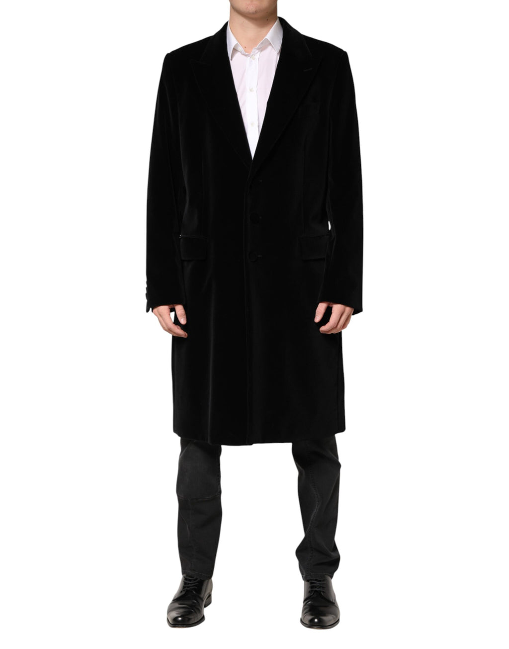 Manteau long en velours de coton noir Dolce & Gabbana, trench coat élégant avec ceinture et col structuré.