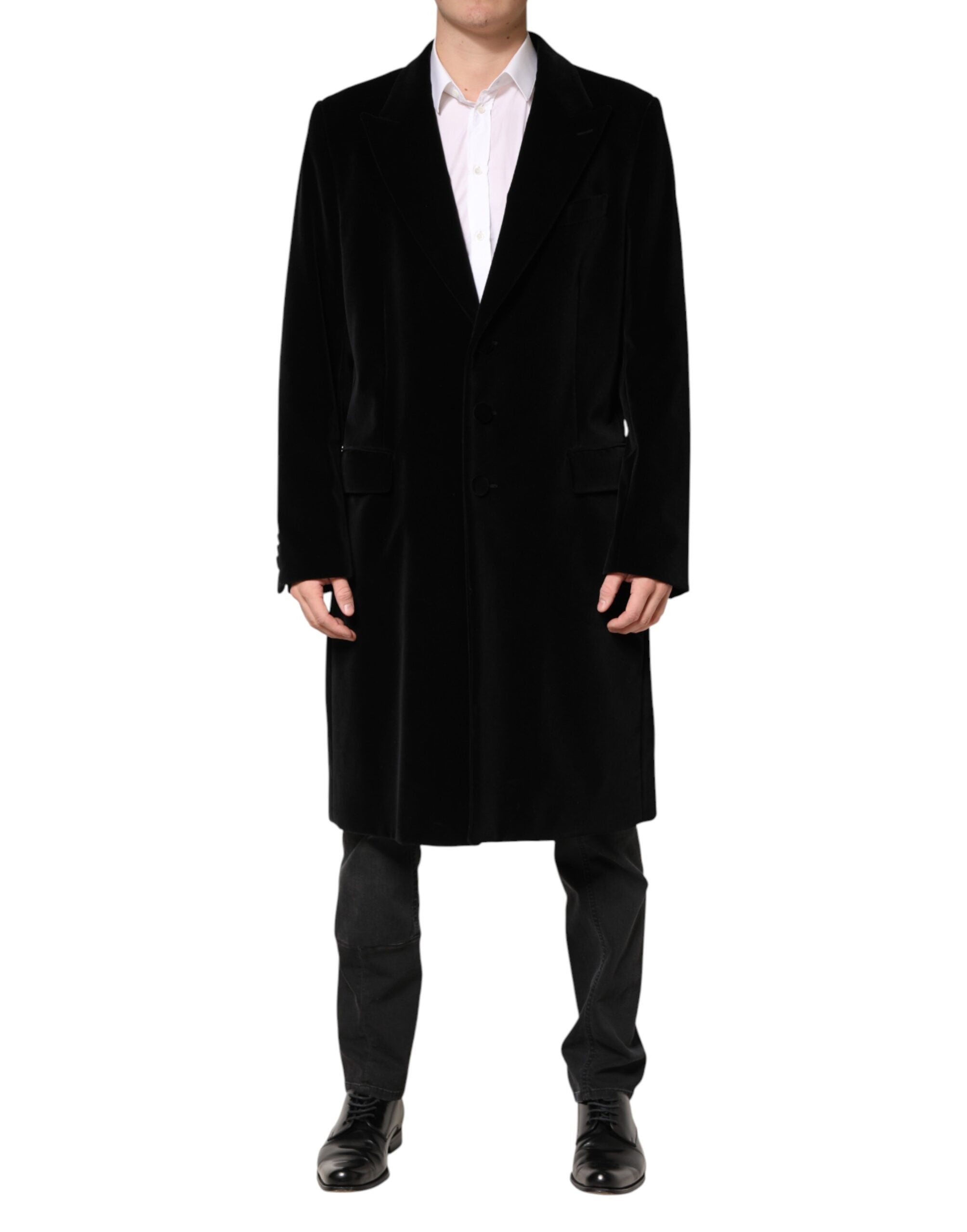 Manteau long en velours de coton noir Dolce & Gabbana, trench coat élégant avec ceinture et col structuré.