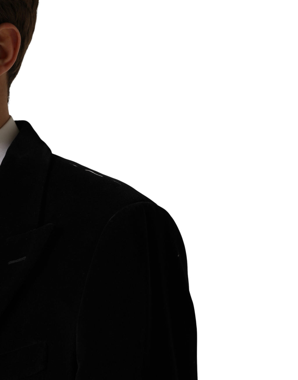 Manteau long en velours de coton noir de Dolce & Gabbana, veste élégante avec ceinture et col classique, vue de face.