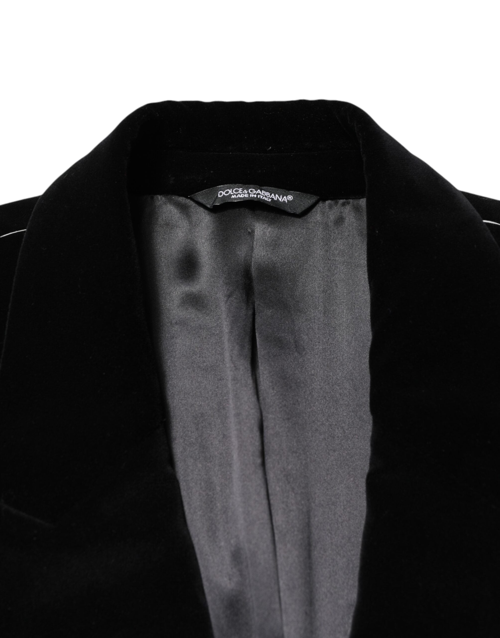 Manteau long en velours de coton noir de Dolce & Gabbana, veste trench élégante avec finition sophistiquée.