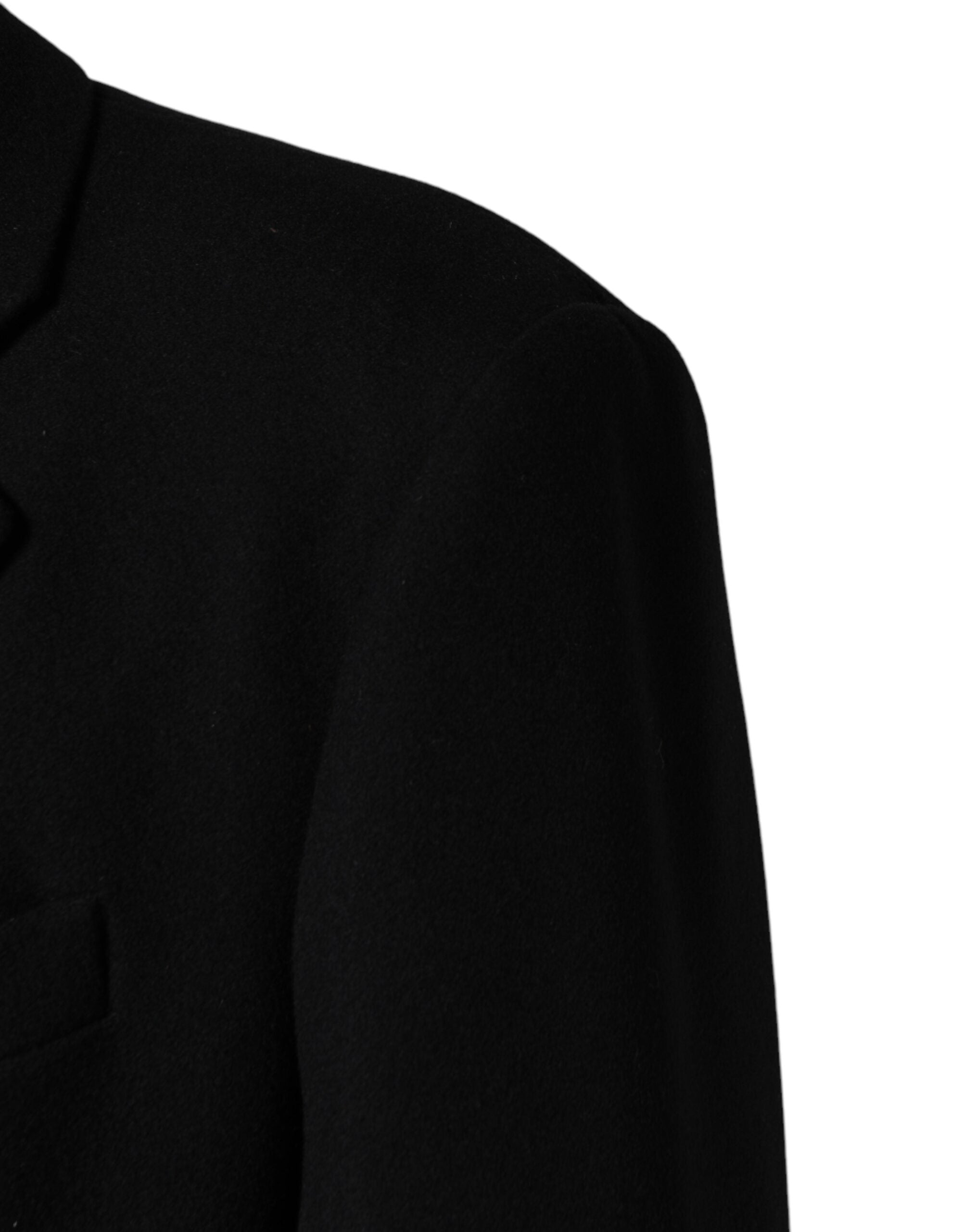 Manteau long noir en laine Dolce & Gabbana à double boutonnage, veste élégante et sophistiquée pour femmes.