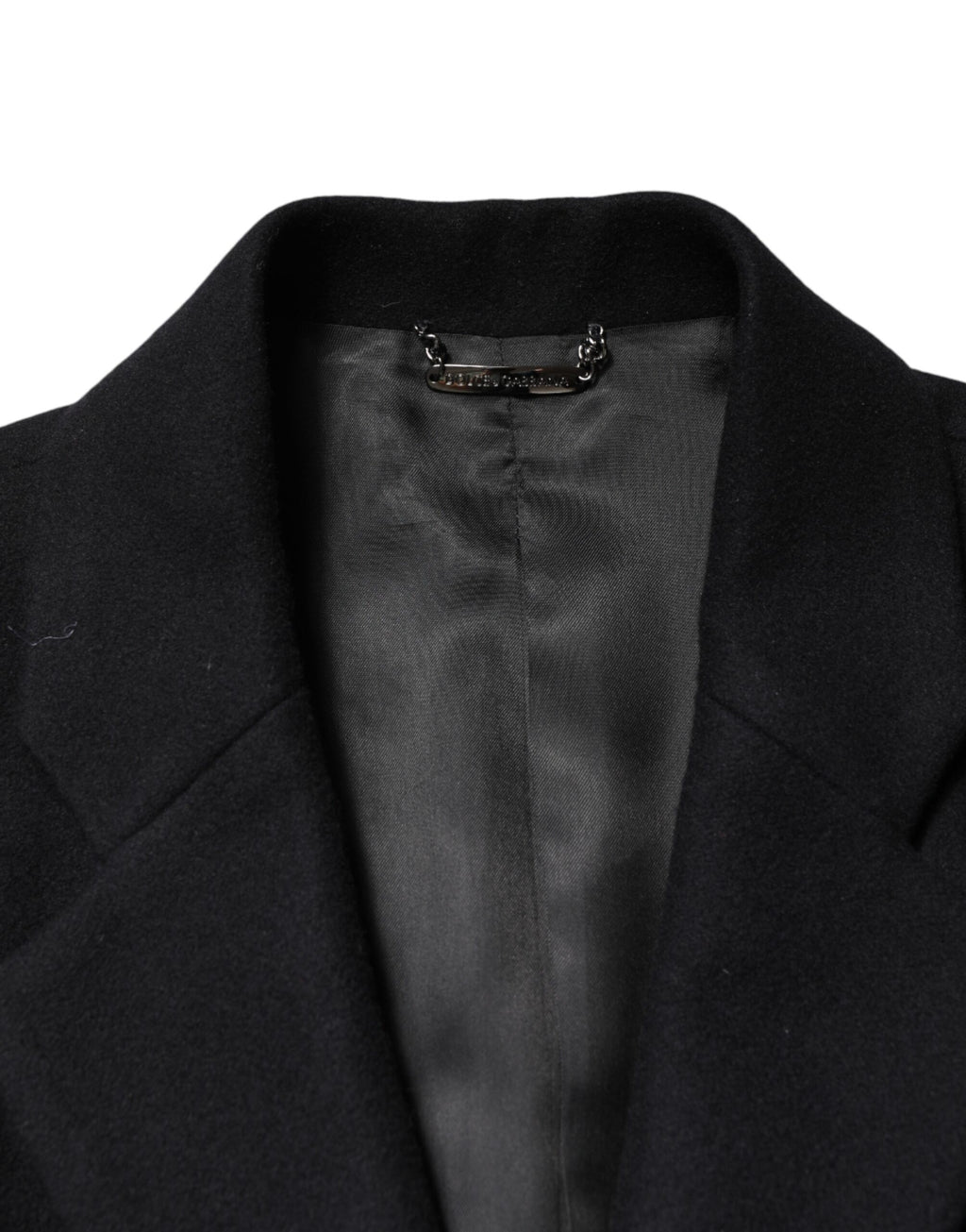 Manteau long noir en laine à double boutonnage de Dolce & Gabbana, veste élégante avec col classique et coupe raffinée.