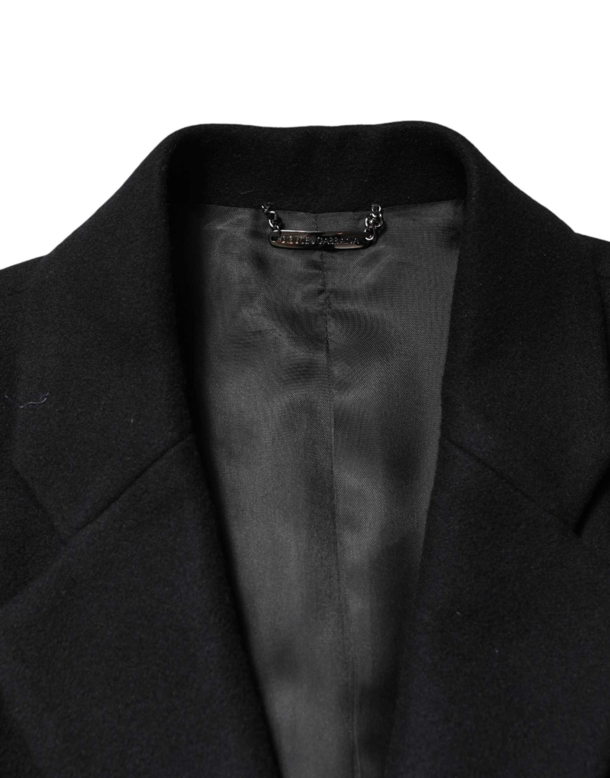 Manteau long noir en laine à double boutonnage de Dolce & Gabbana, veste élégante avec col classique et coupe raffinée.